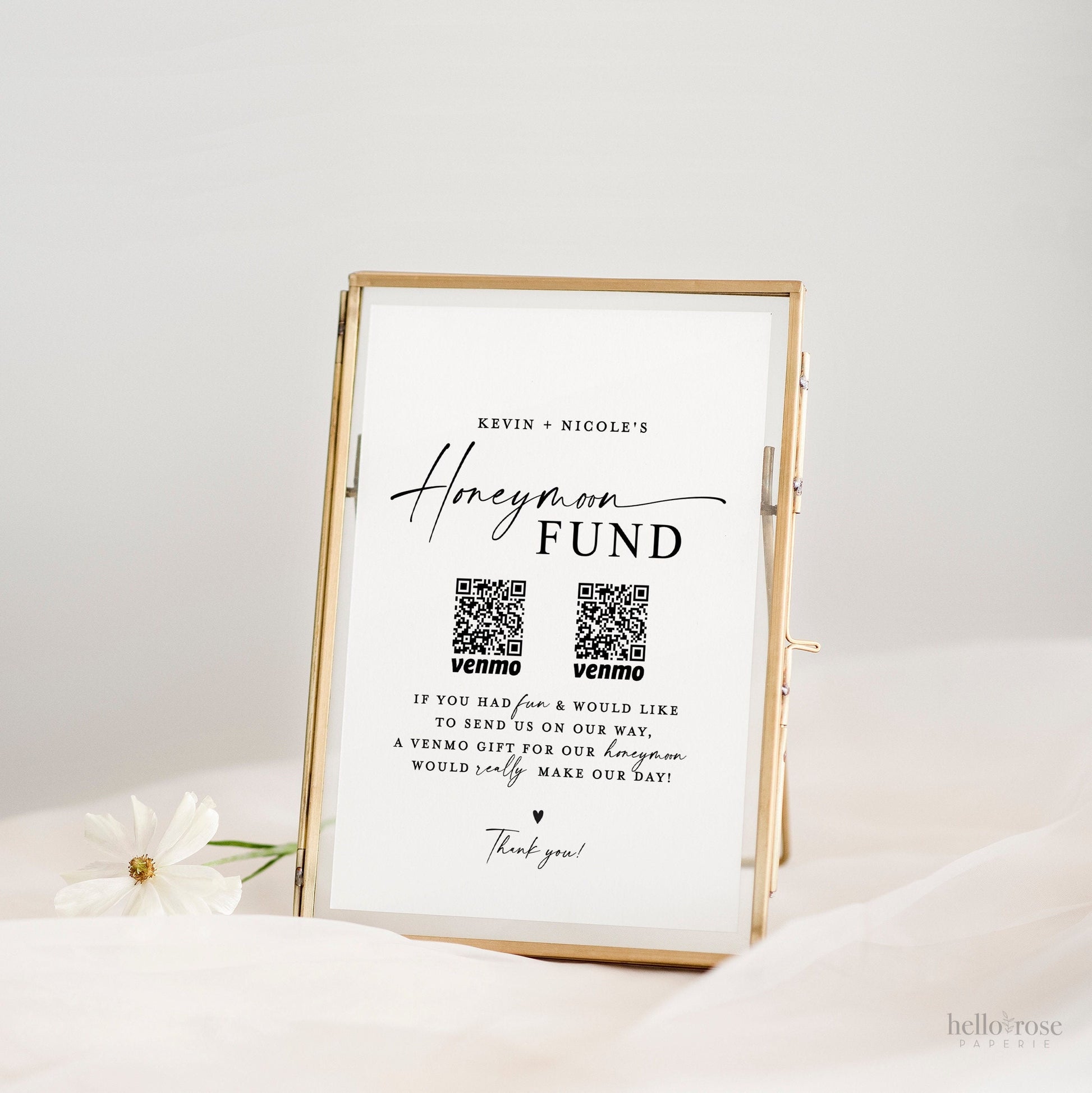 Honeymoon Fund Printable Template . Simple Modern Minimalist Wedding QR Code Gift Sign . Editable Instant Download Templett SM-T