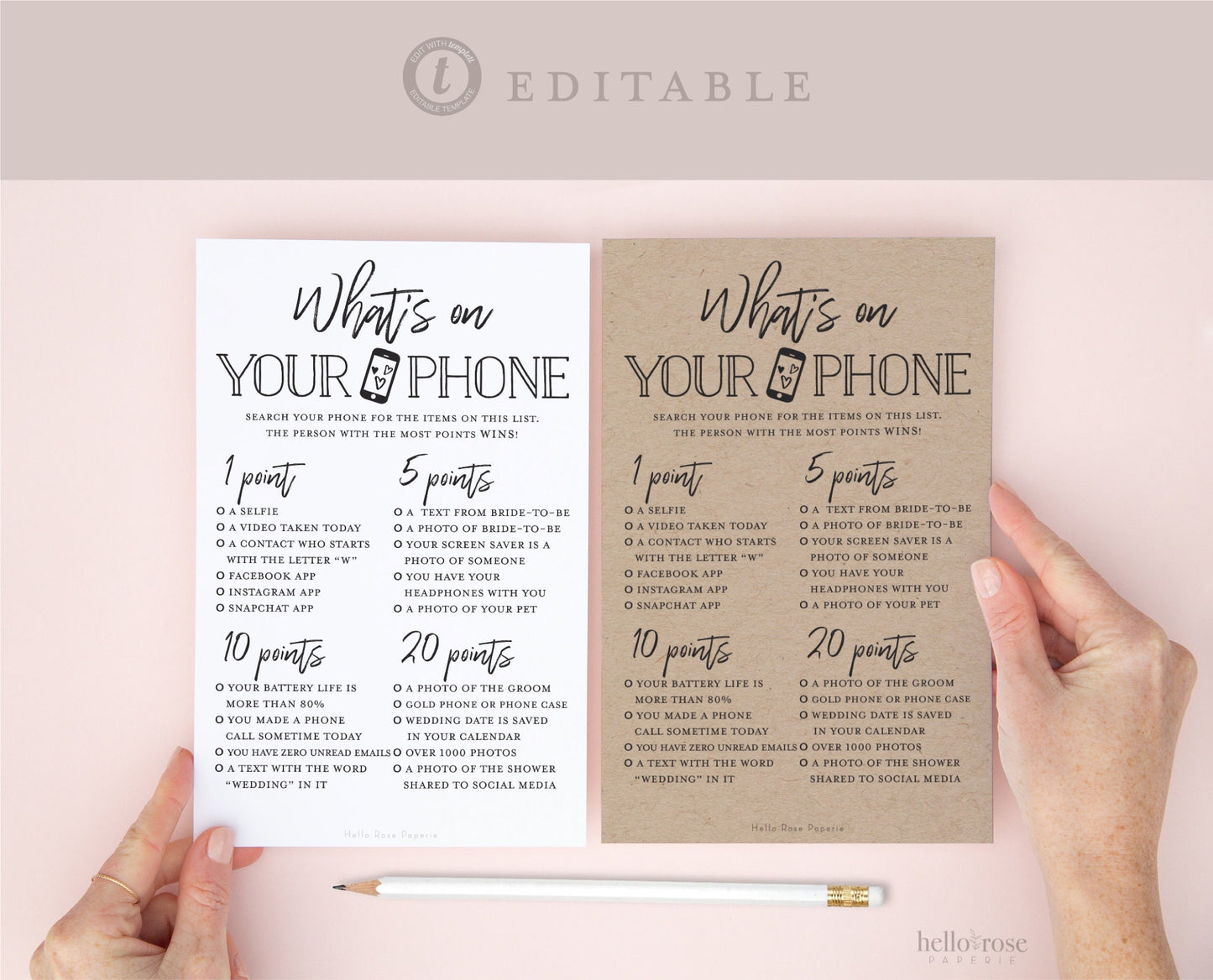 What's on Your Phone PRINTABLE Game . Bridal Shower Wedding Couples Rehearsal .Kraft + Minimalist . Editable Template Download Templett K3-T