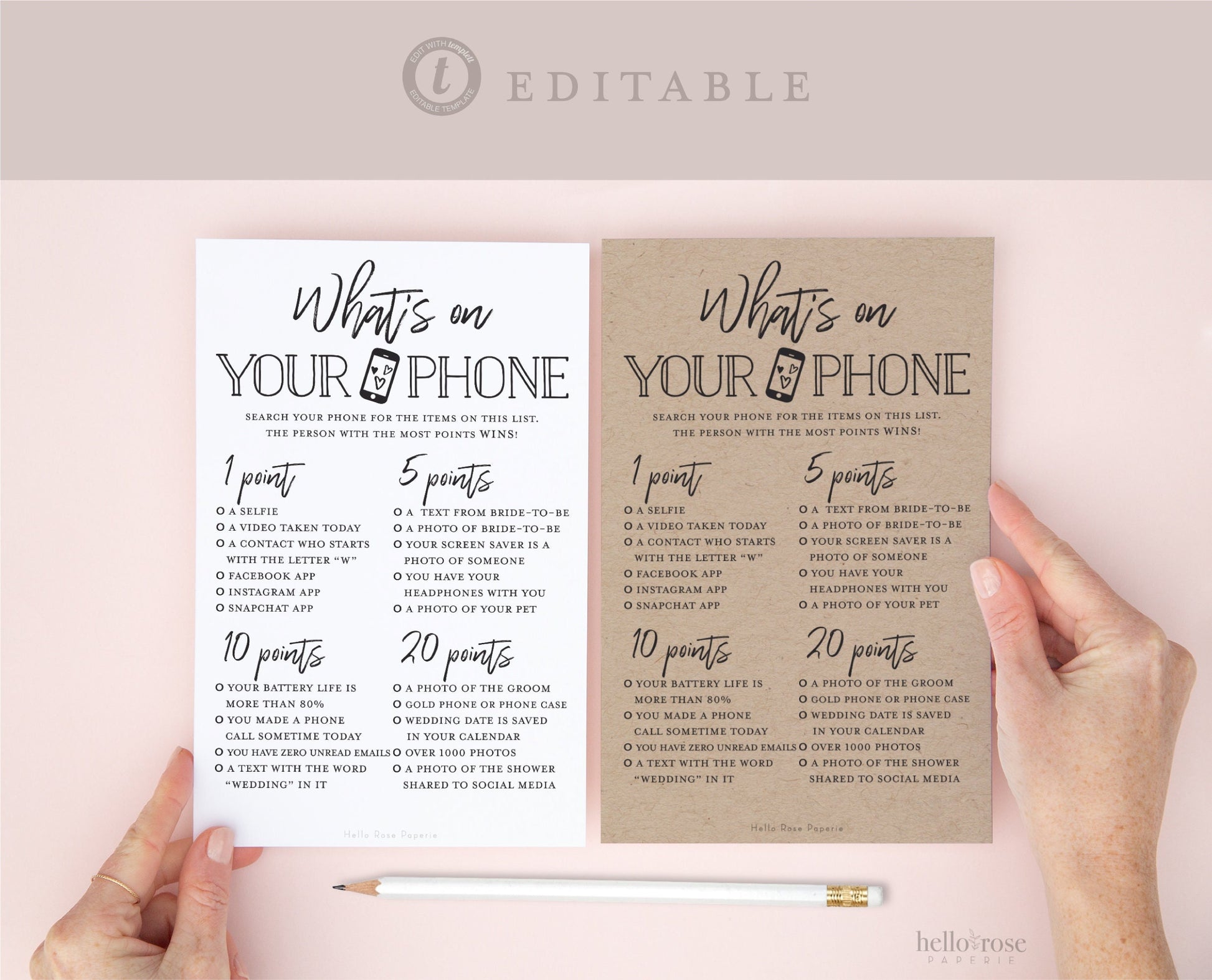 What's on Your Phone PRINTABLE Game . Bridal Shower Wedding Couples Rehearsal .Kraft + Minimalist . Editable Template Download Templett K3-T