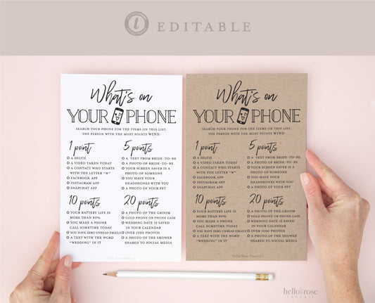 What's on Your Phone PRINTABLE Game . Bridal Shower Wedding Couples Rehearsal .Kraft + Minimalist . Editable Template Download Templett K3-T