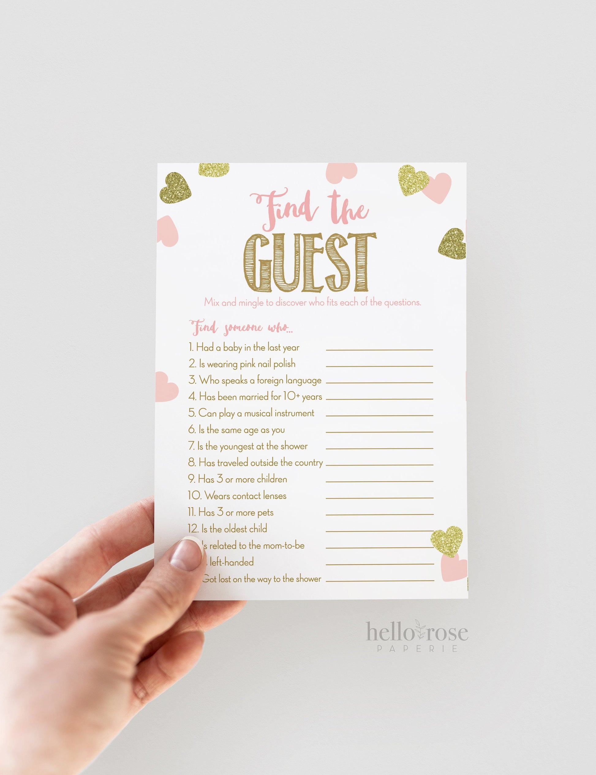Find the Guest Baby Shower Game . Icebreaker Fun Game . Find Someone Who . PRINTABLE Instant Download . Pink and Gold Hearts Girl