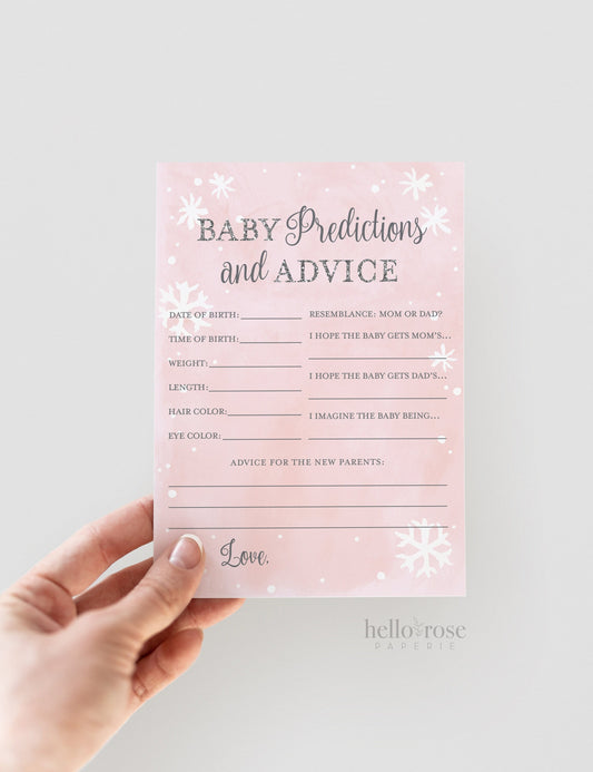 Baby Predictions and Advice Card . Winter Girl Baby Shower . Baby Advice Card . Pink and Silver . Printable Instant Download