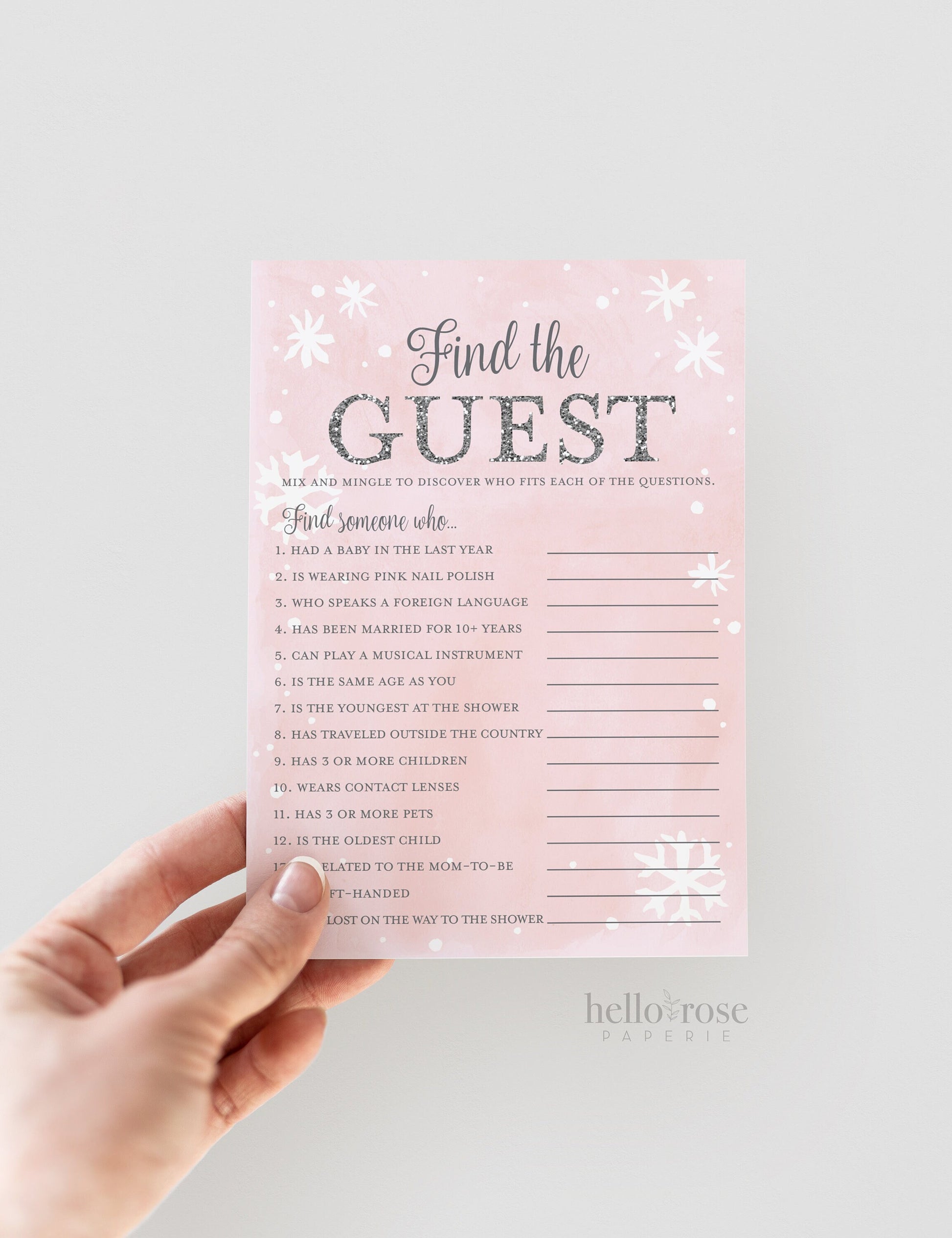 Find the Guest . Icebreaker Baby Shower Game Girl . Pink and Silver . Winter Wonderland Baby it's Cold Outside Snowflakes . Instant Download