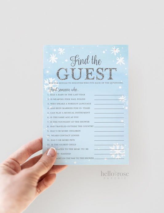 Find the Guest . Icebreaker Baby Shower Game Boy . Blue and Silver . Winter Wonderland Baby it's Cold Outside Snowflakes . Instant Download