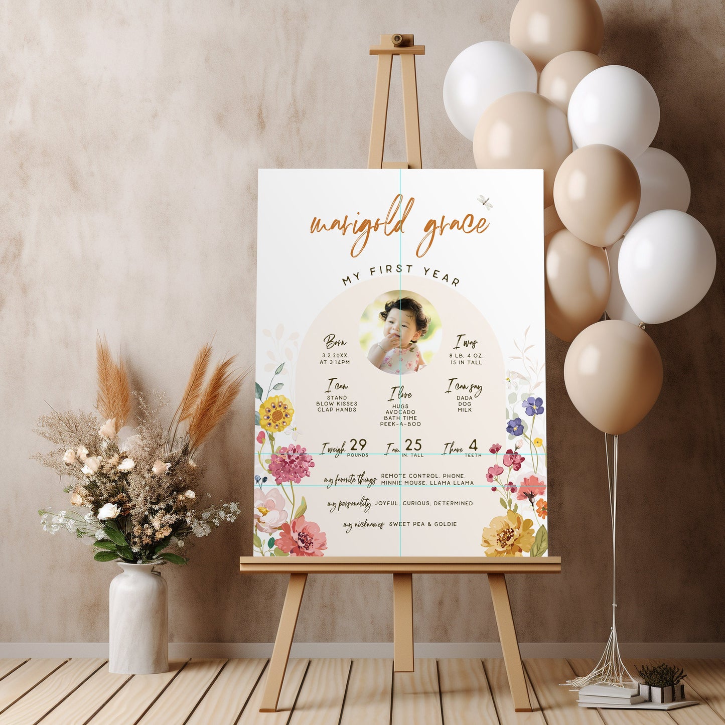 First Birthday Milestone Sign with Photo Template . Wildflowers . PRINTABLE Editable Poster . Instant Download Templett