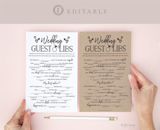 Wedding Guest Libs Printable Game . Engagement Party Wedding Advice Mad Libs. Kraft + Minimalist . Editable Template Download Templett K3-T