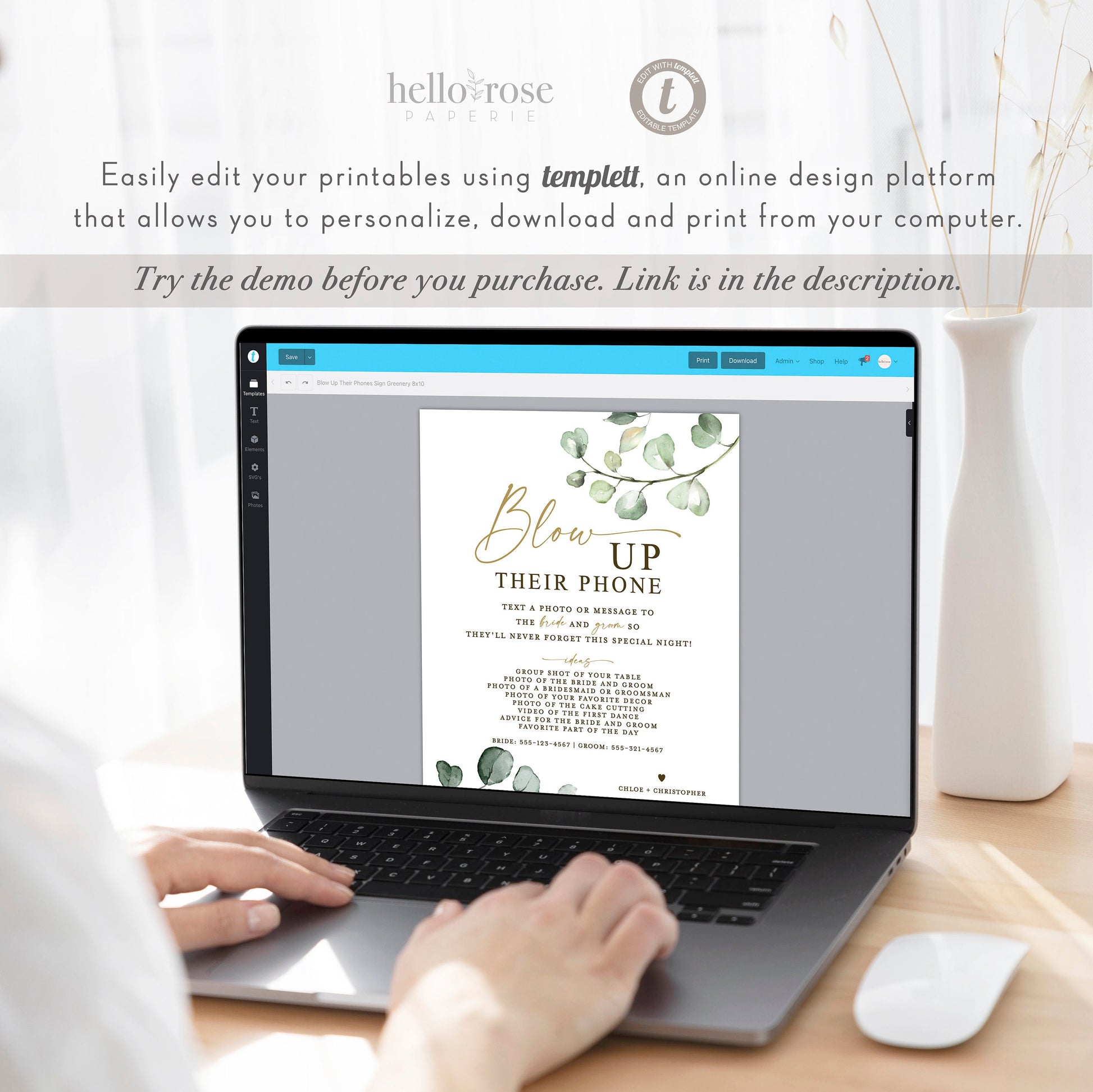 Blow Up Their Phone Wedding Reception Sign . Share the Love Photos Printable Template . Greenery and Gold . Instant Download Templett G2-T