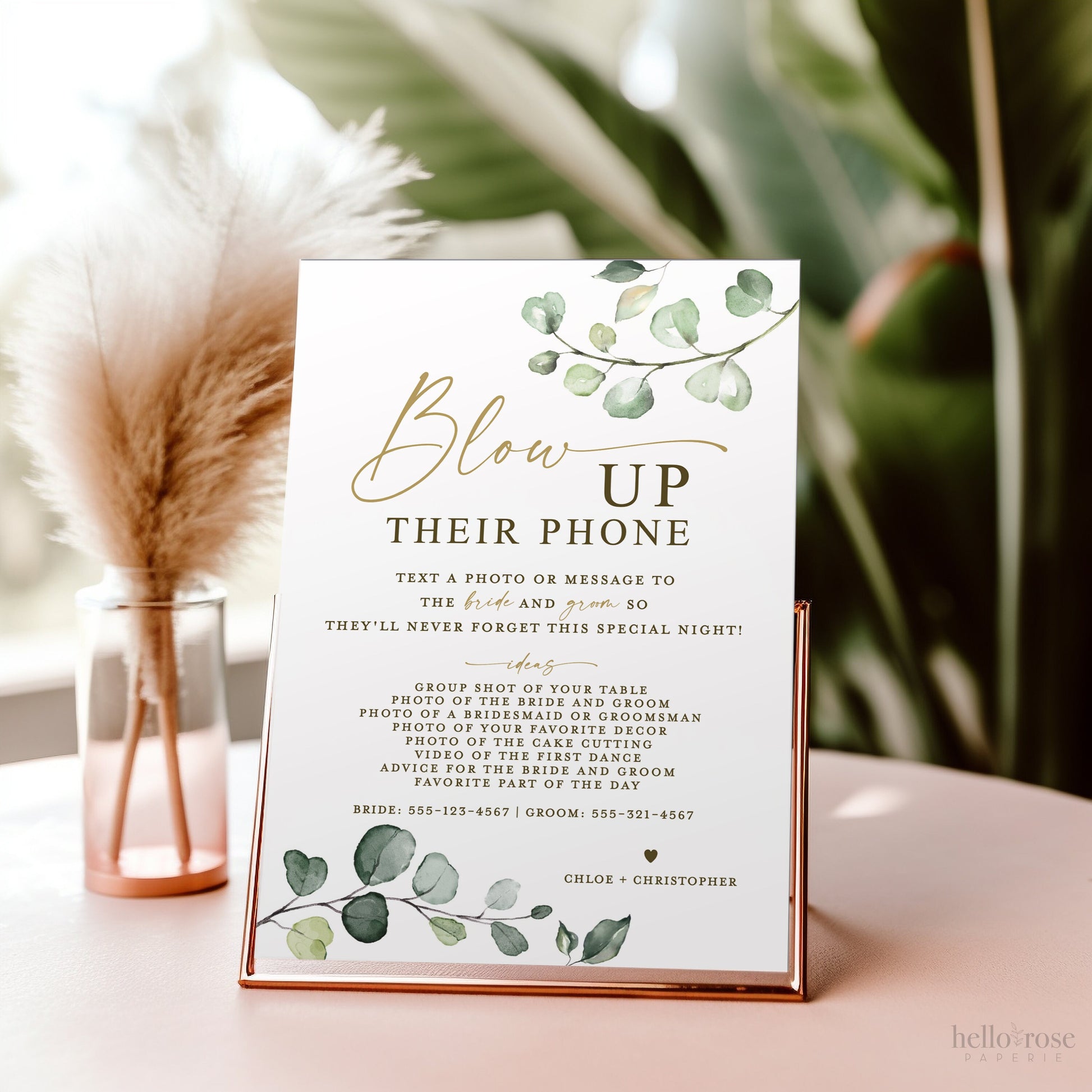 Blow Up Their Phone Wedding Reception Sign . Share the Love Photos Printable Template . Greenery and Gold . Instant Download Templett G2-T