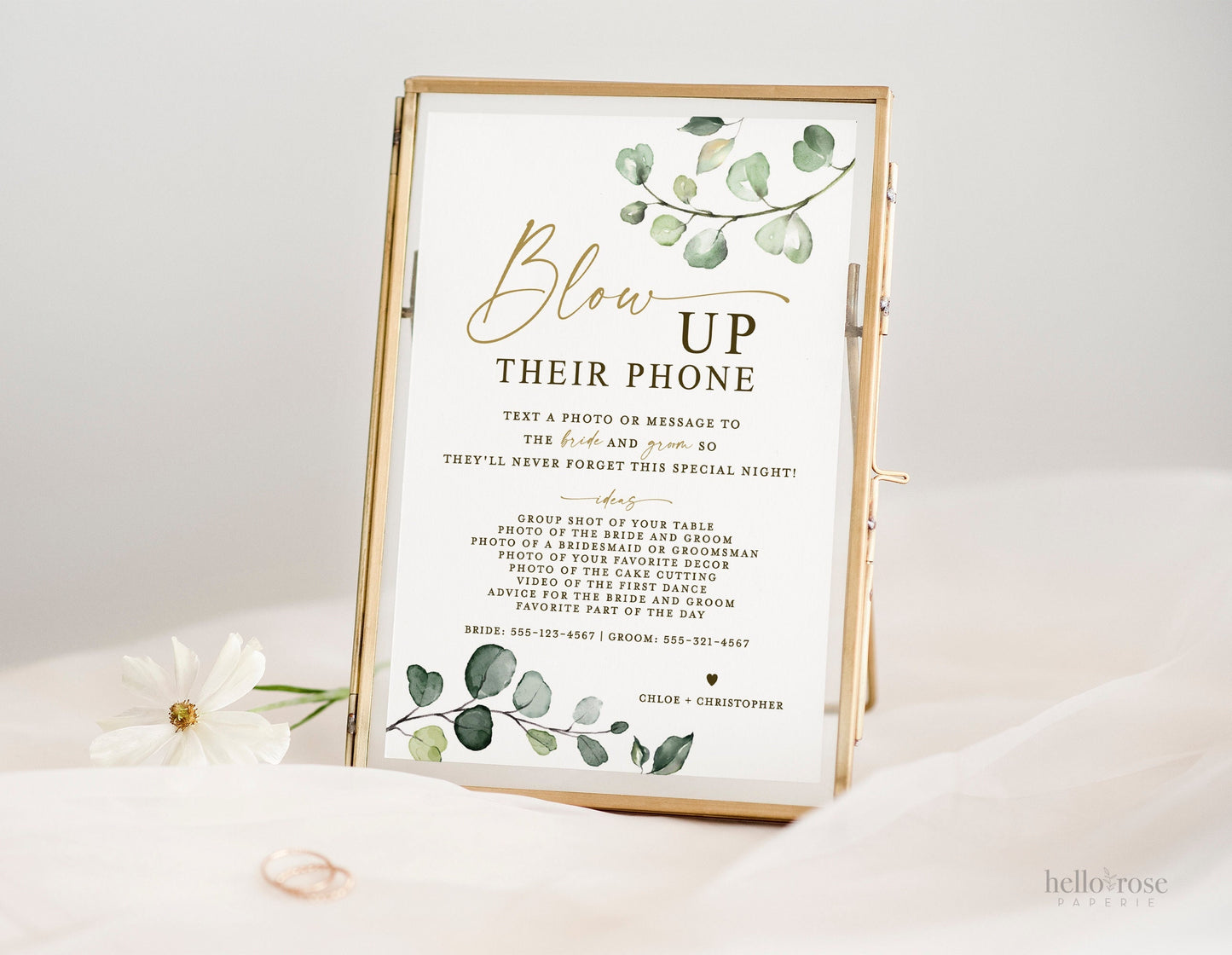 Blow Up Their Phone Wedding Reception Sign . Share the Love Photos Printable Template . Greenery and Gold . Instant Download Templett G2-T