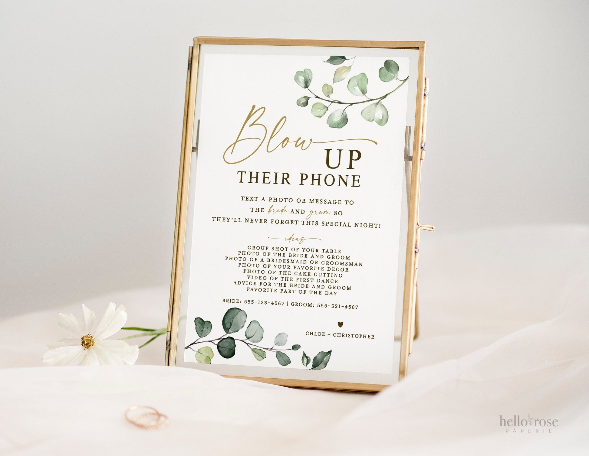 Blow Up Their Phone Wedding Reception Sign . Share the Love Photos Printable Template . Greenery and Gold . Instant Download Templett G2-T