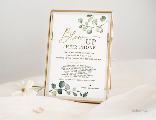 Blow Up Their Phone Wedding Reception Sign . Share the Love Photos Printable Template . Greenery and Gold . Instant Download Templett G2-T