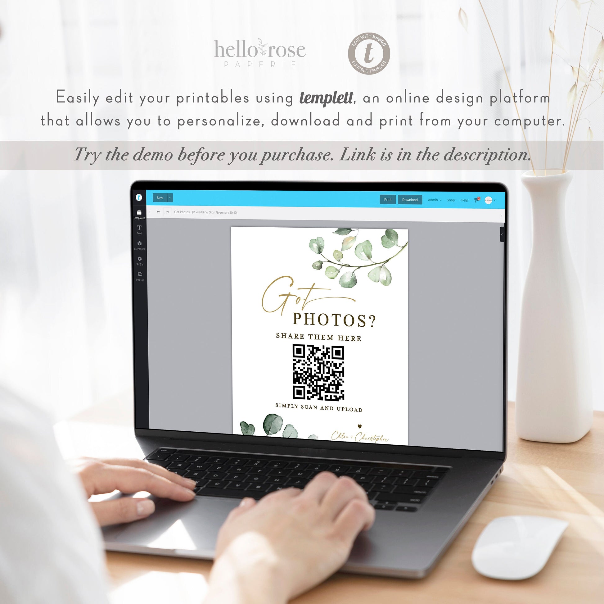 Wedding Reception QR Code Sign . Got Photos? . Share the Love Photos Printable Template . Greenery and Gold . Instant Download Templett G2-T