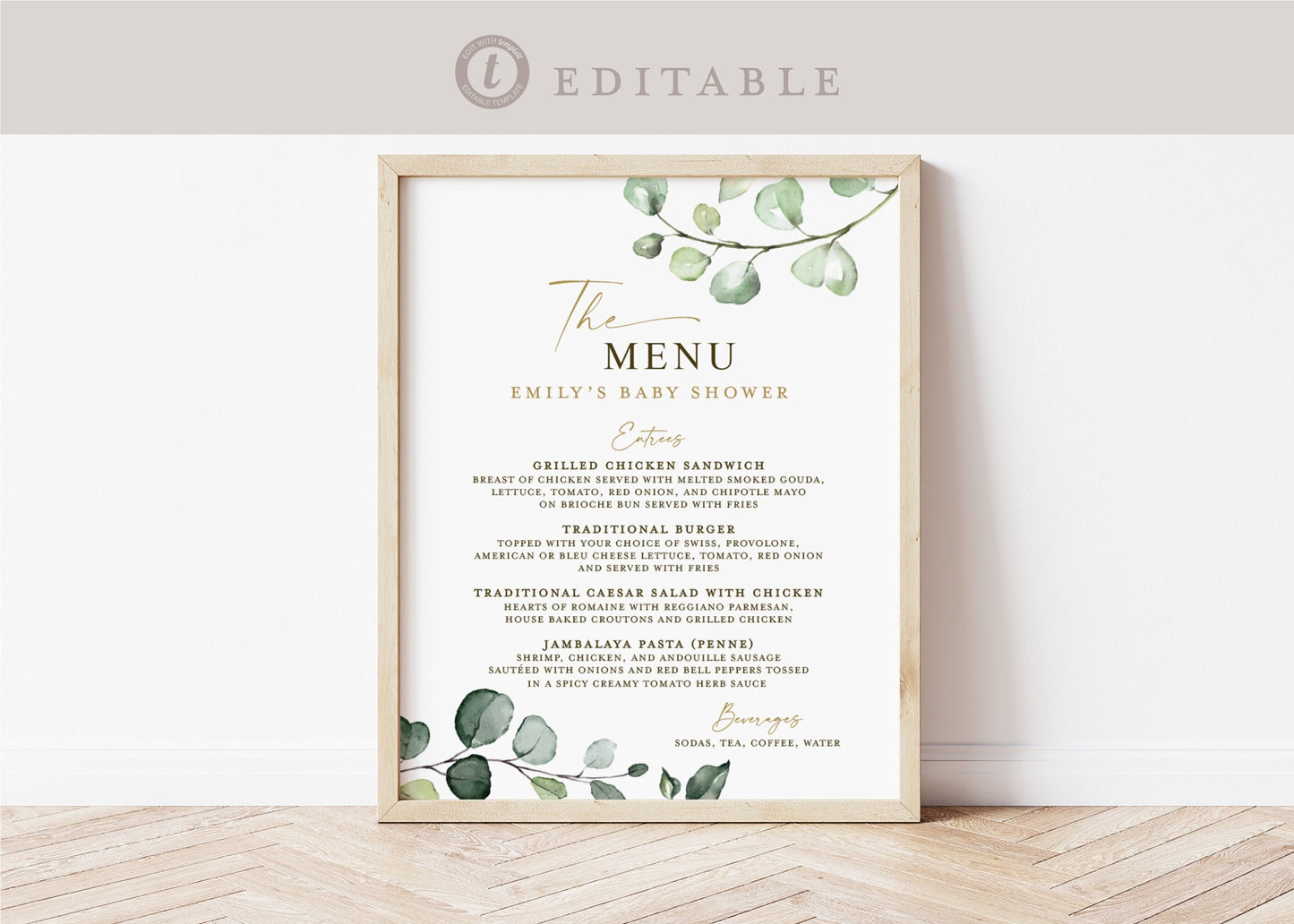 Menu Template Baby Shower . Greenery + Gold . Wedding Engagement Bridal Baby Shower Party . Editable Template Instant Download Templett G2-T