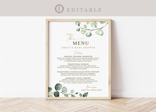 Menu Template Baby Shower . Greenery + Gold . Wedding Engagement Bridal Baby Shower Party . Editable Template Instant Download Templett G2-T
