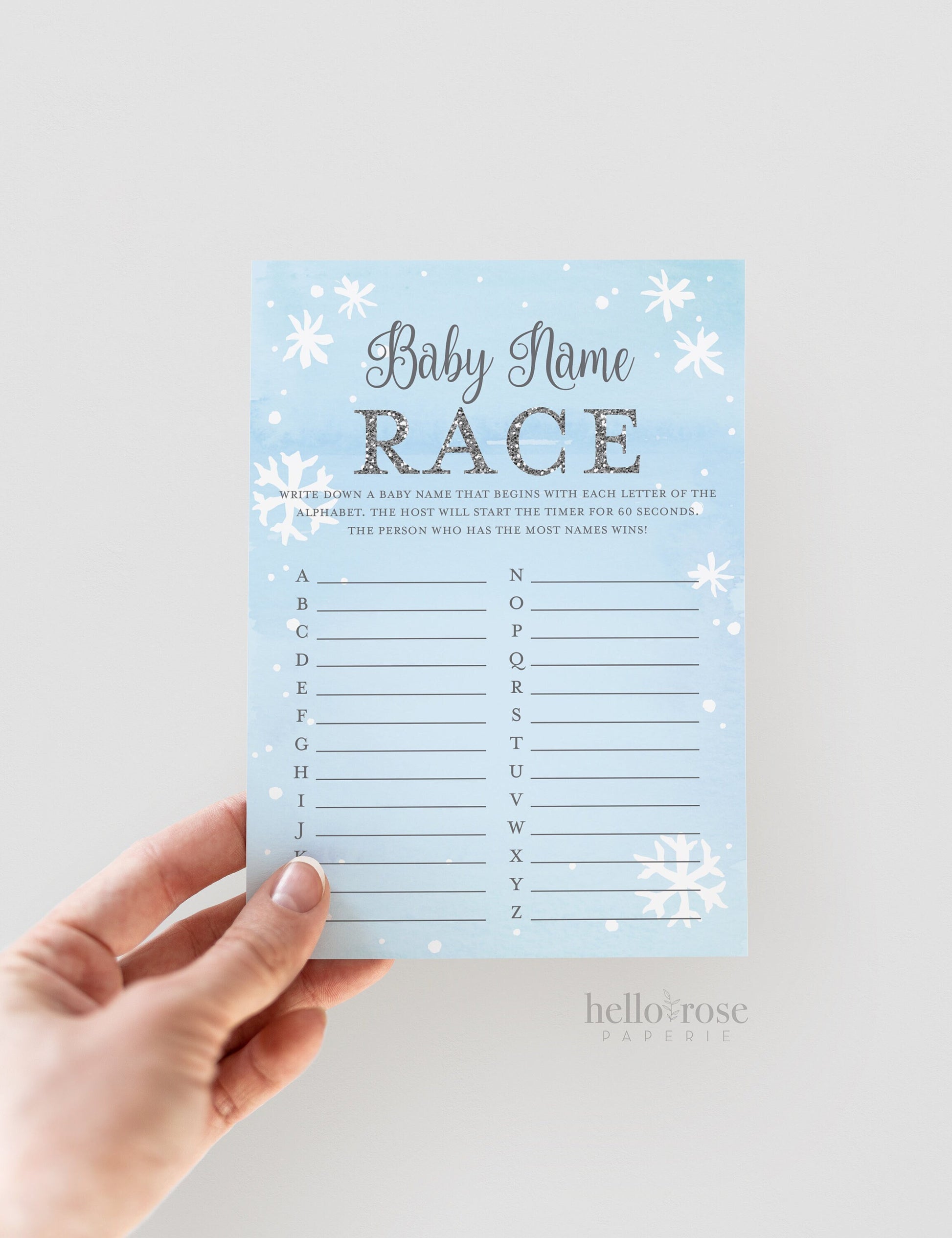 Baby Name Race Baby Shower Game . Baby Name Game . Baby It's Cold Outside Boy . Winter Snowflakes Blue Silver . Printable Instant Download