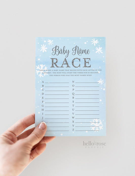 Baby Name Race Baby Shower Game . Baby Name Game . Baby It's Cold Outside Boy . Winter Snowflakes Blue Silver . Printable Instant Download