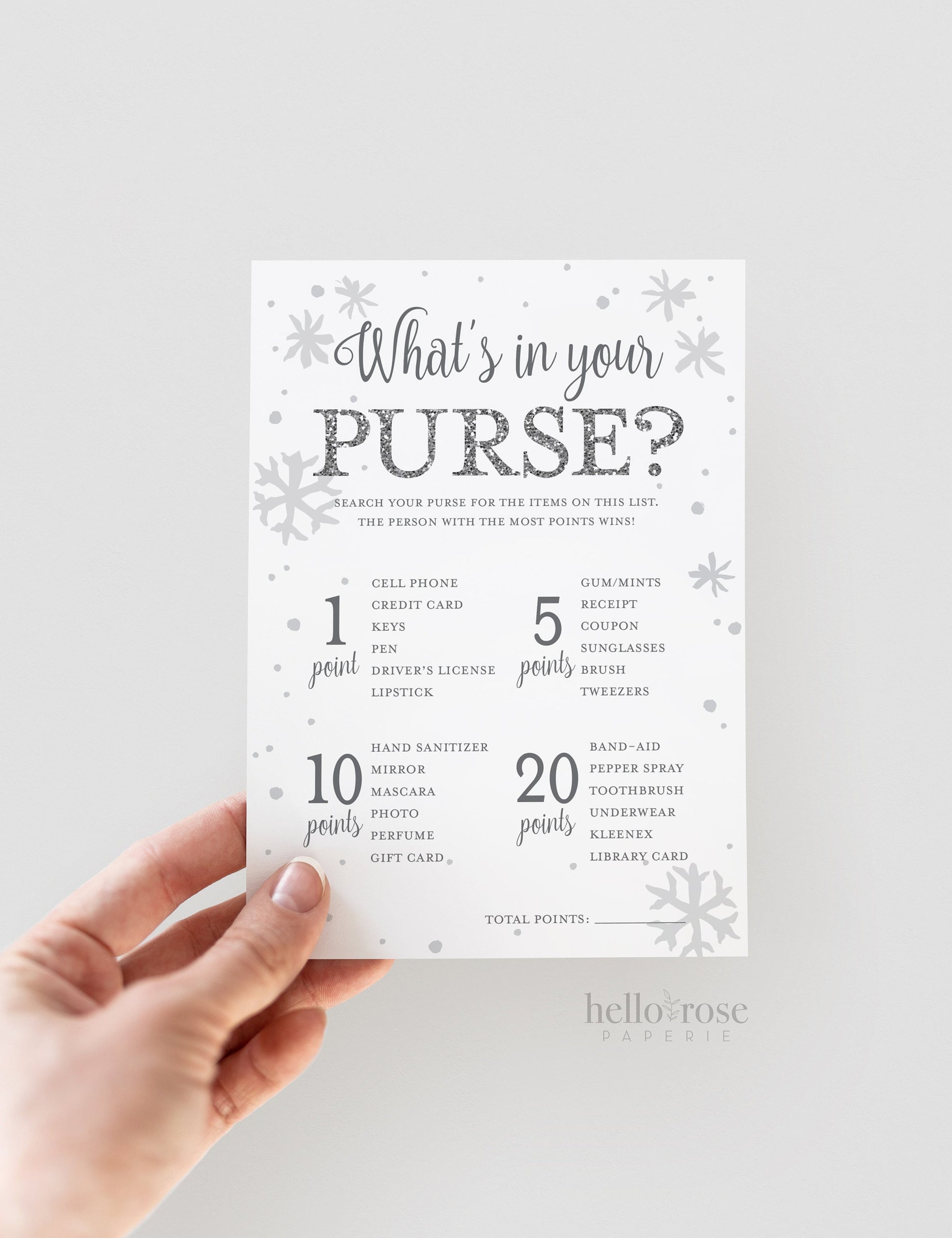 Whats in your Purse Printable Baby Shower Game . Winter Girl Boy Twins . Baby its Cold Outside White and Silver Glitter . Printable Download