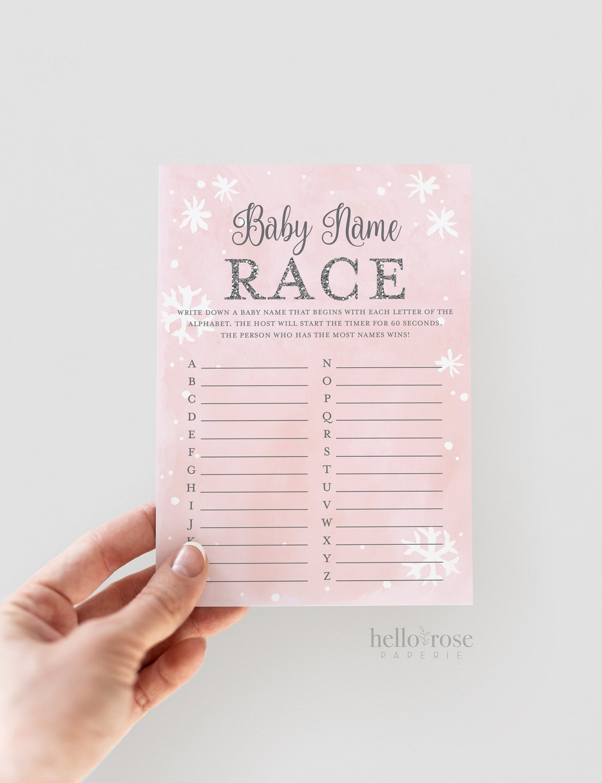 Baby Name Race Game . Winter Wonderland Girl Baby Shower Game . Baby its Cold Outside . Pink and Silver Glitter . Printable Instant Download