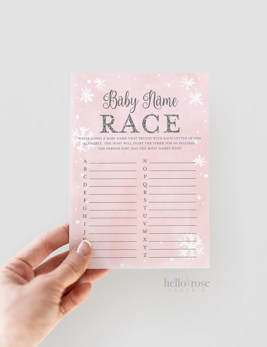 Baby Name Race Game . Winter Wonderland Girl Baby Shower Game . Baby its Cold Outside . Pink and Silver Glitter . Printable Instant Download