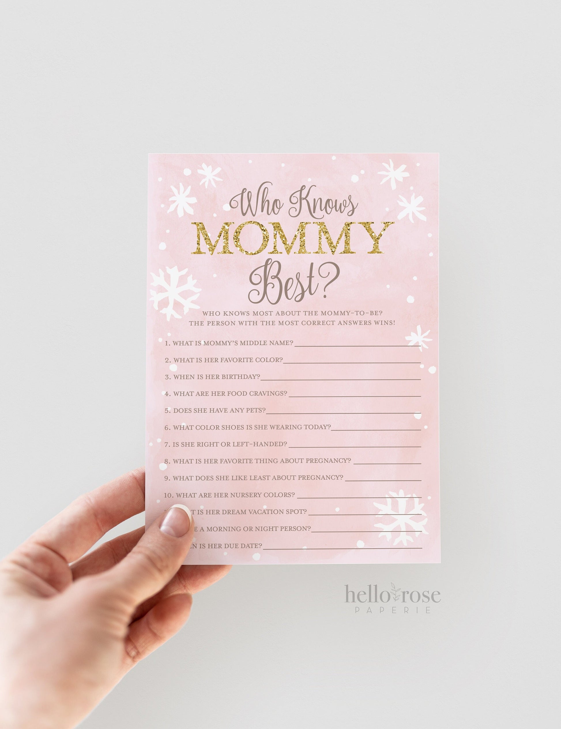 Who Knows Mommy Best Baby Shower Game . Winter Girl . Baby its Cold Outside . Pink and Gold Glitter . Printable Download