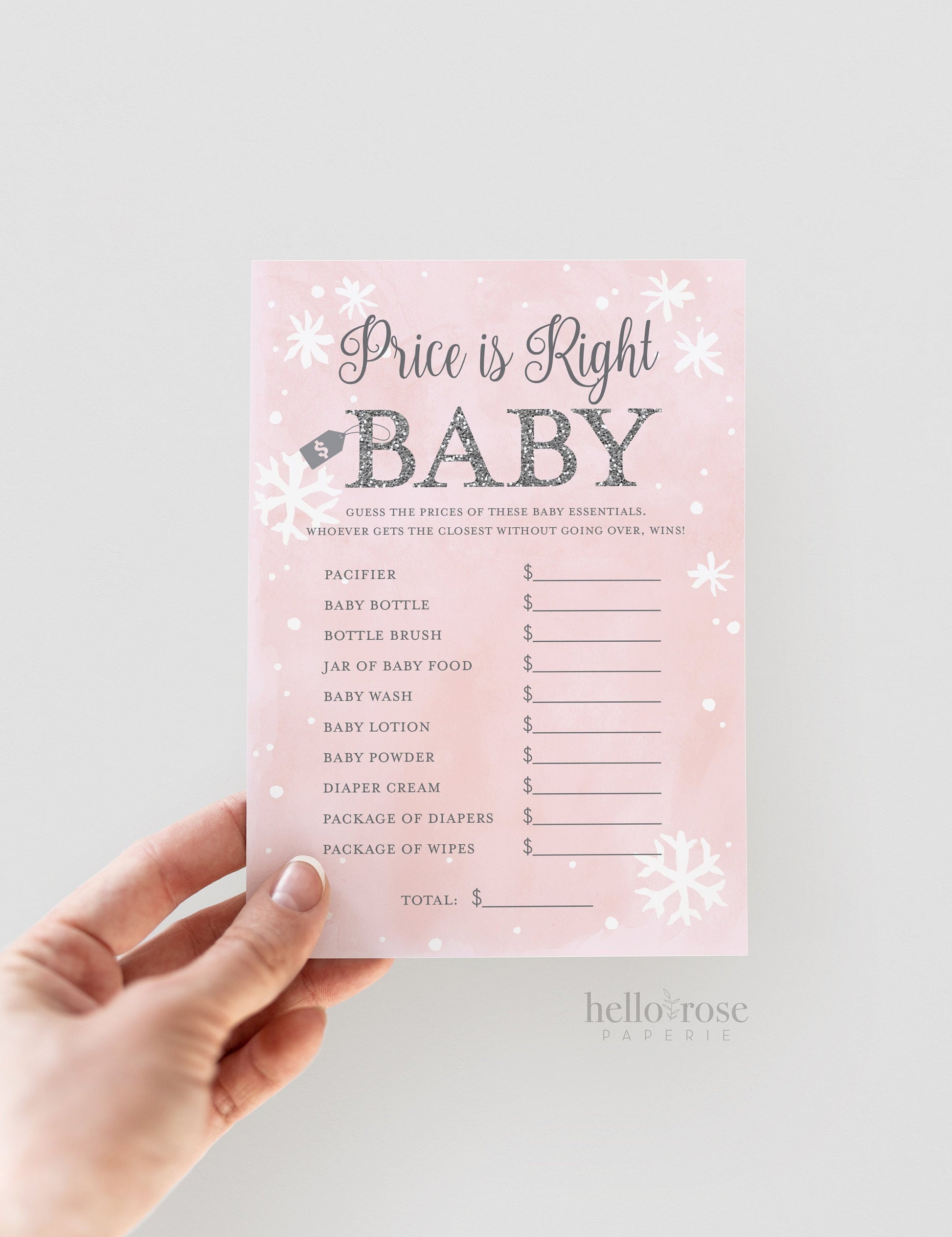 Price is Right Baby Shower Game. Winter Girl . Baby its Cold Outside . Pink and Silver Glitter . Printable Download
