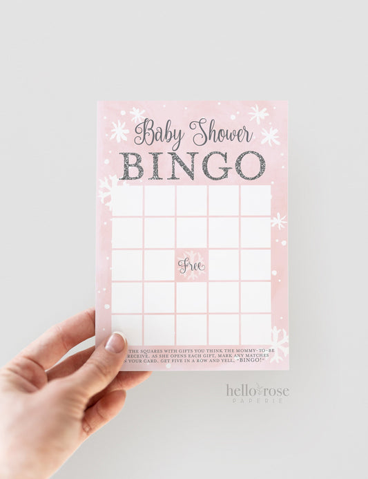 Baby Shower Bingo Card Printable . Winter Girl Baby Shower Game . Baby its Cold Outside . Pink and Silver Glitter . Printable Download
