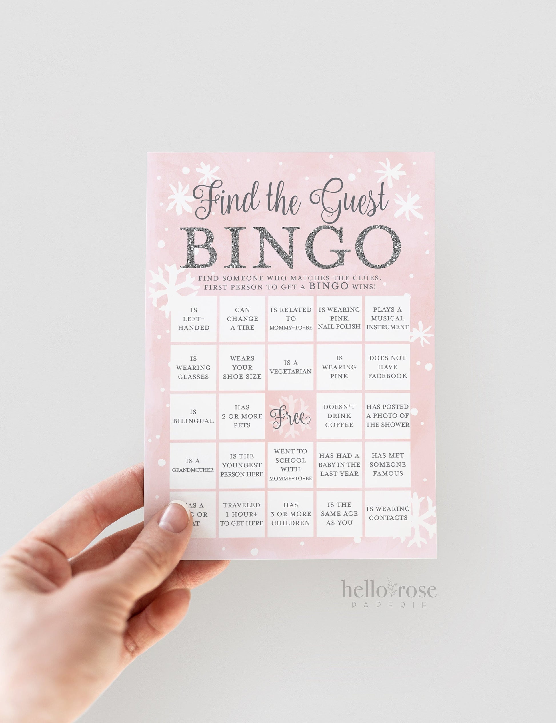 Find the Guest Bingo . Icebreaker Baby Shower Game Girl . Pink Silver . Winter Wonderland Baby its Cold Outside Snowflake . Instant Download