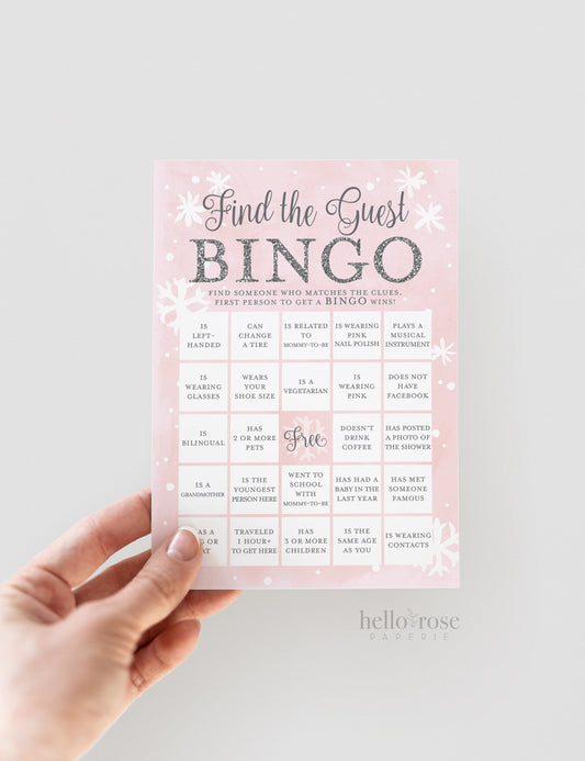 Find the Guest Bingo . Icebreaker Baby Shower Game Girl . Pink Silver . Winter Wonderland Baby its Cold Outside Snowflake . Instant Download
