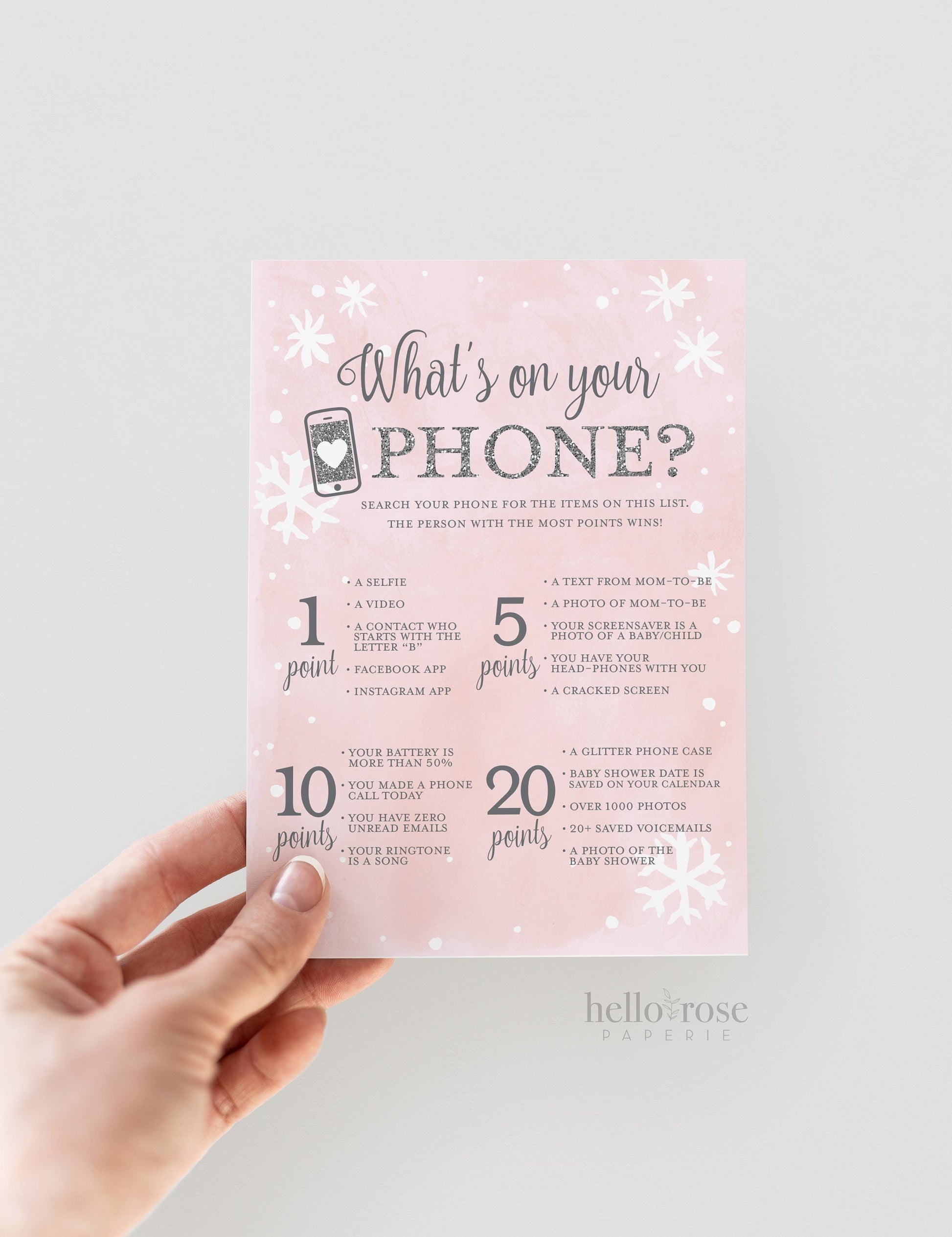 Whats on Your Phone Baby Shower Game Printable, Pink Silver and Gold, Winter Girl Shower, Baby its Cold Outside, Printable Instant Download