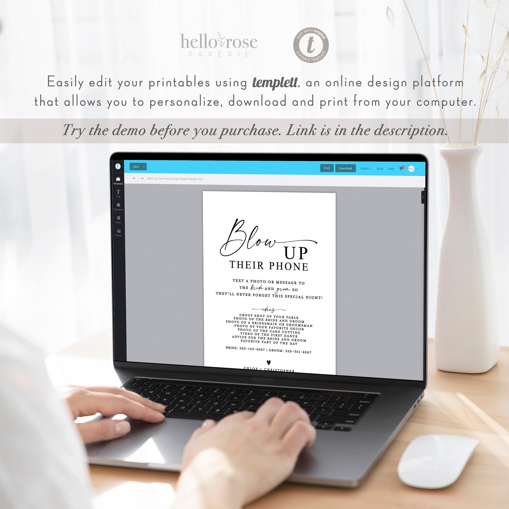 Blow Up Their Phone Wedding Reception Sign . Share the Love Printable Template . Simple Modern Minimalist Instant Download Templett SM-T