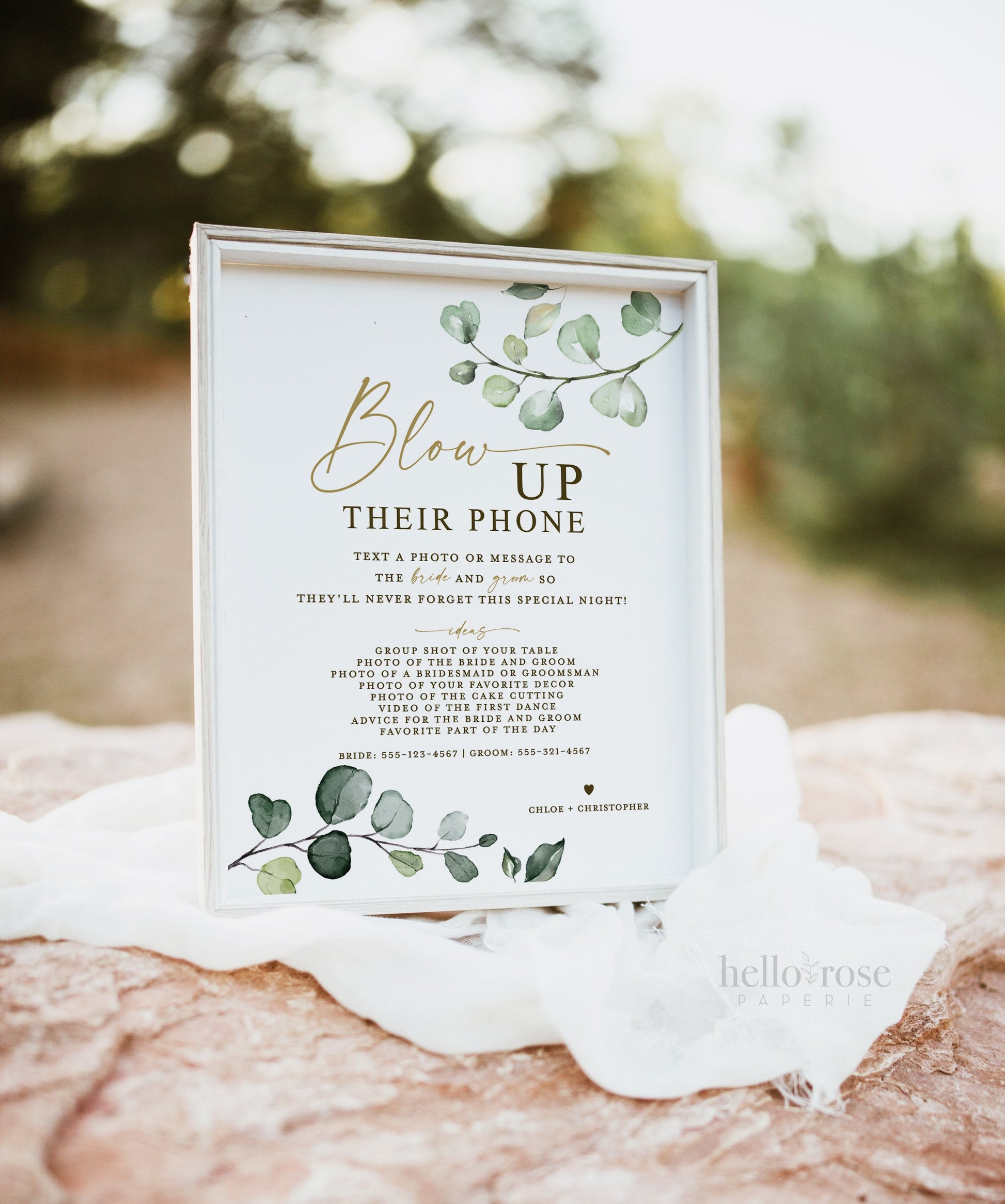 Blow Up Their Phone Wedding Reception Sign . Share the Love Photos Printable Template . Greenery and Gold . Instant Download Templett G2-T