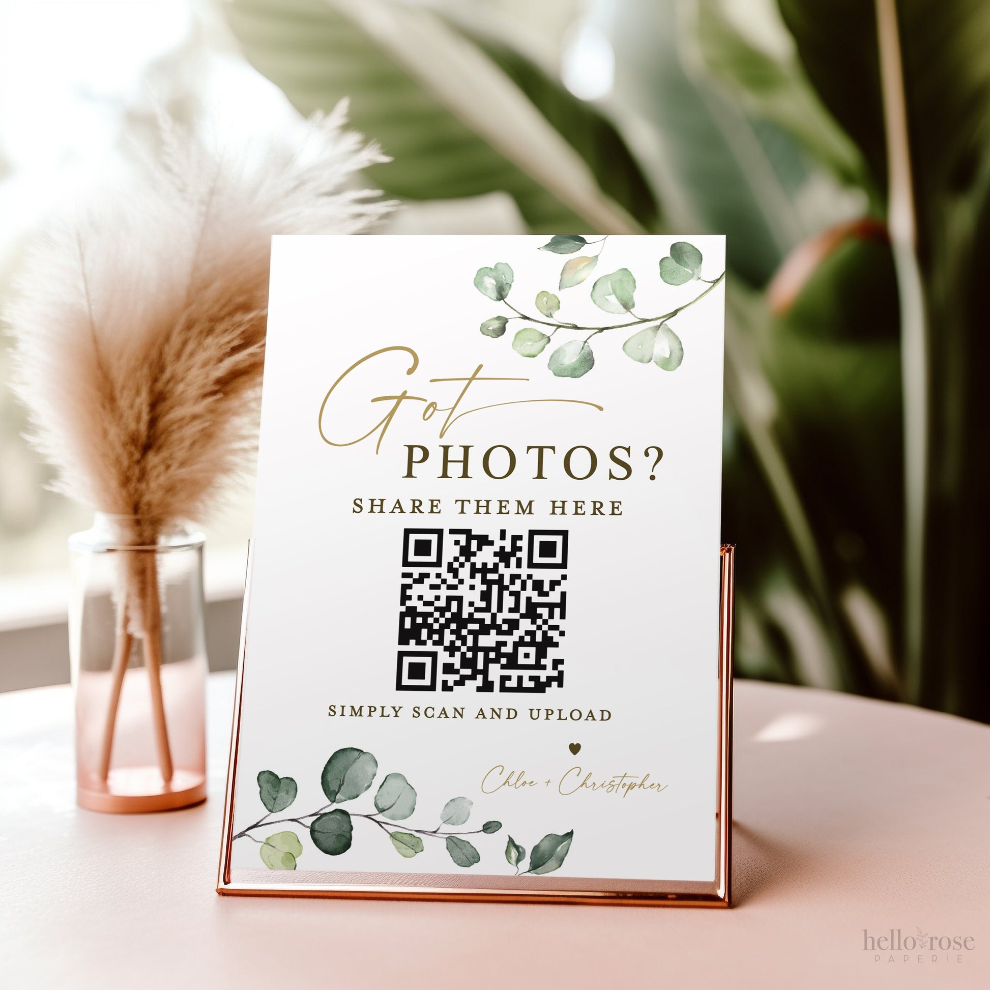 Wedding Reception QR Code Sign . Got Photos? . Share the Love Photos Printable Template . Greenery and Gold . Instant Download Templett G2-T