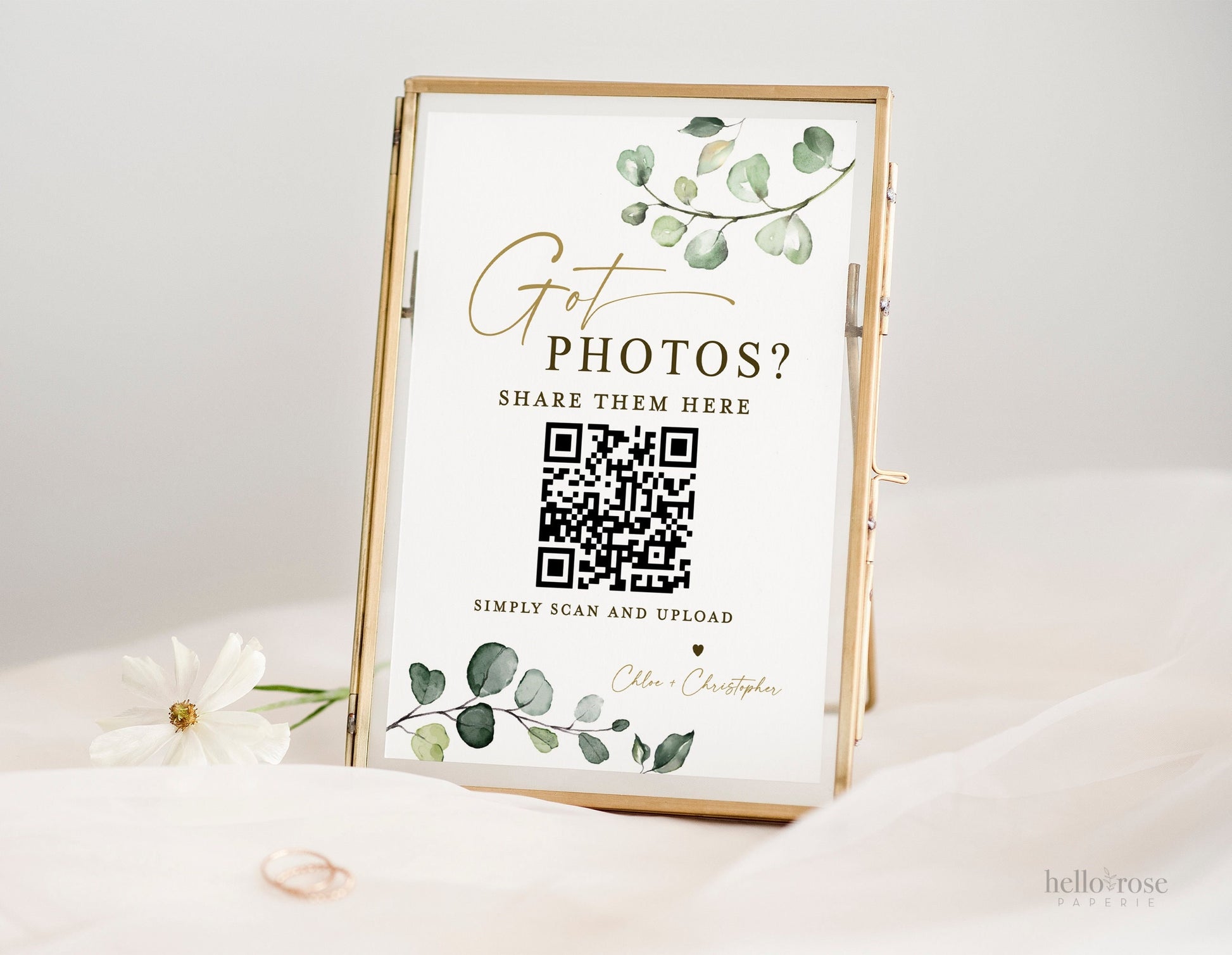 Wedding Reception QR Code Sign . Got Photos? . Share the Love Photos Printable Template . Greenery and Gold . Instant Download Templett G2-T