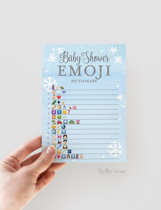 Baby Shower Emoji Pictionary Game . Baby It's Cold Outside Boy . Blue and Silver Winter Wonderland Snowflakes . Printable Instant Download