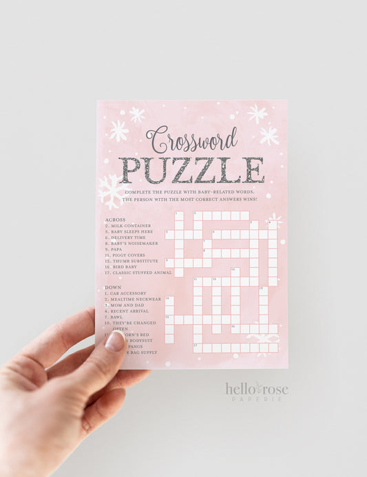 Baby Shower Crossword Puzzle Game . Baby It's Cold Outside Girl . Winter Snowflakes . Pink and Silver . Printable Instant Download