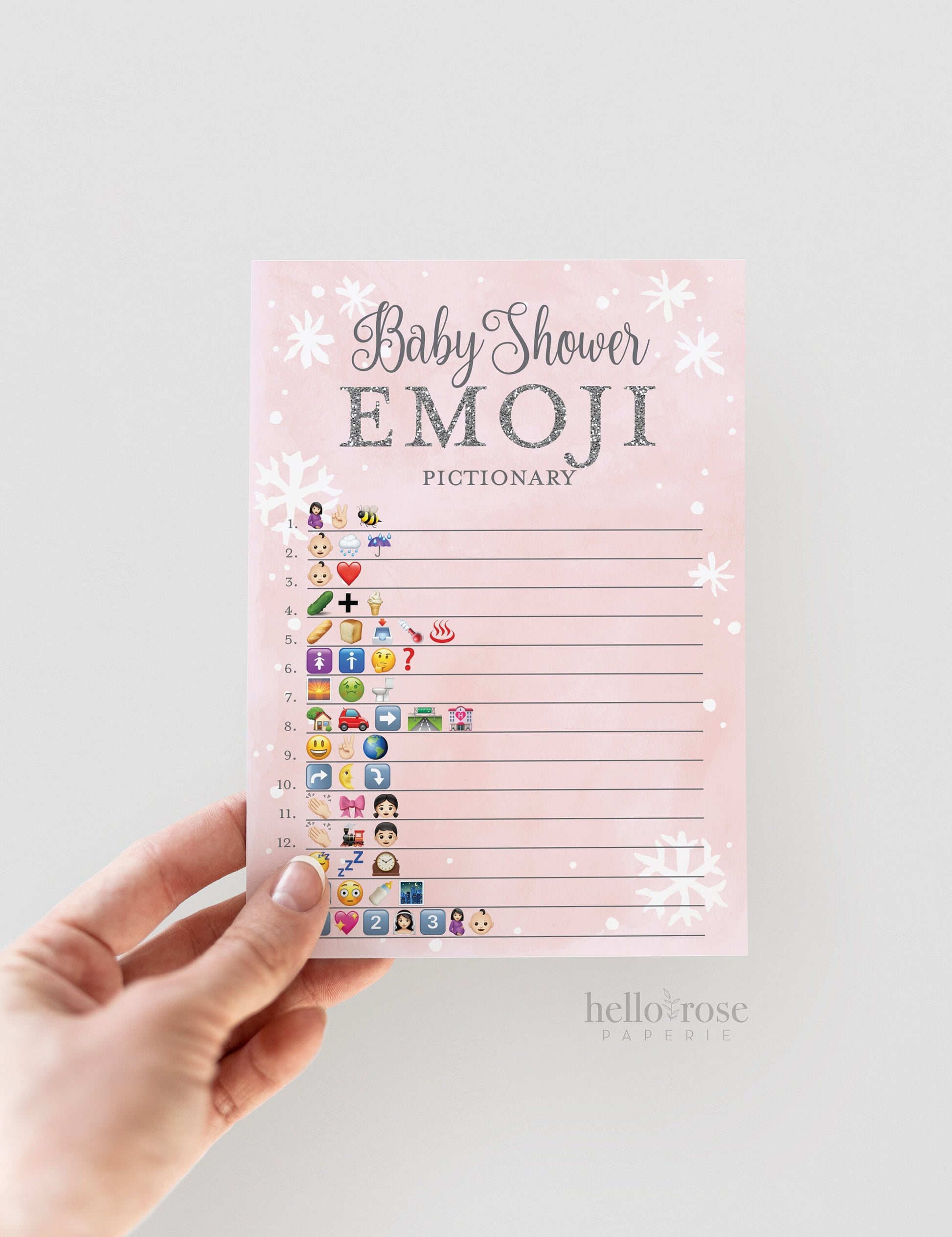Baby Shower Emoji Pictionary Game . Baby It's Cold Outside Girl . Pink and Silver . Winter Snowflakes . Printable Instant Download
