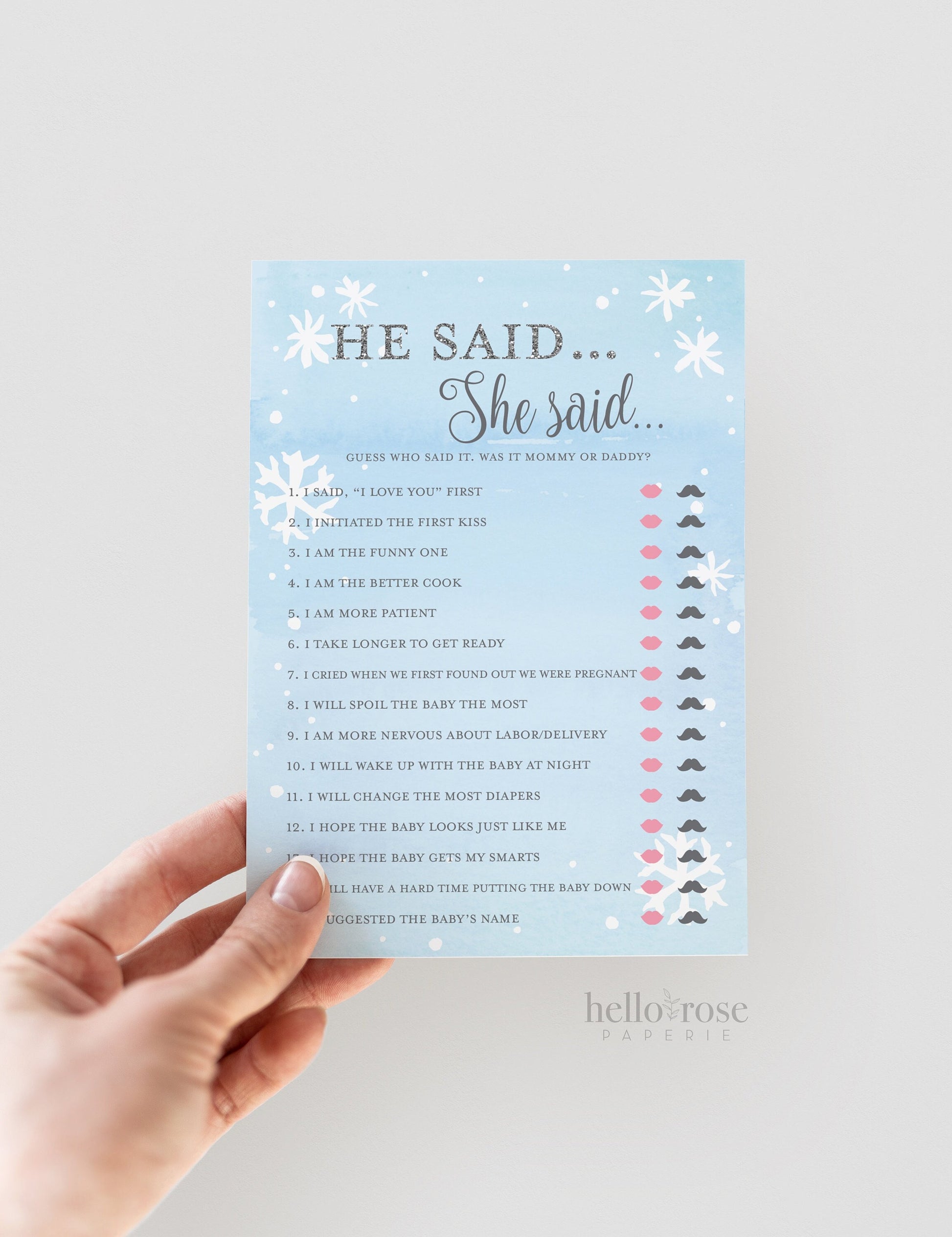 He Said She Said PRINTABLE Baby Shower Game . Who Said It? Mommy or Daddy . Baby It's Cold Outside Boy . Blue and Silver . Instant Download