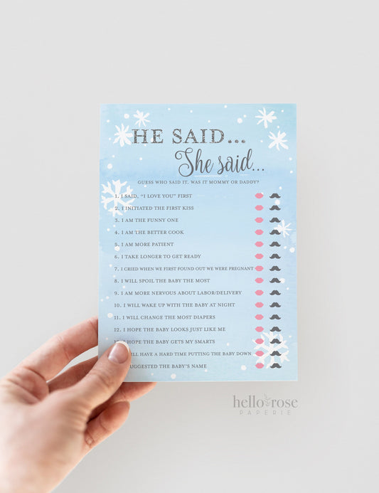 He Said She Said PRINTABLE Baby Shower Game . Who Said It? Mommy or Daddy . Baby It's Cold Outside Boy . Blue and Silver . Instant Download