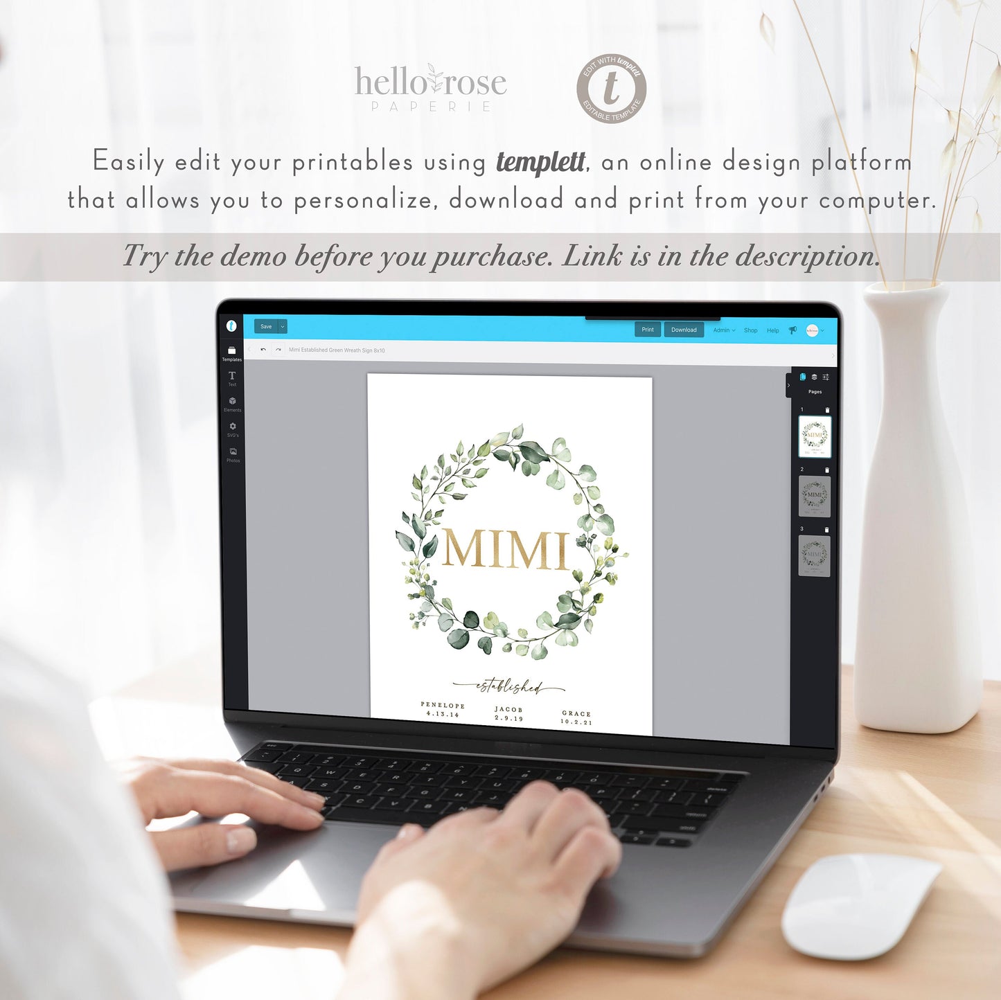 Mimi Established Printable Christmas Gift for Mimi Gigi Mom Mother Grandma Grandmother . Greenery . PRINTABLE Editable Template Templett