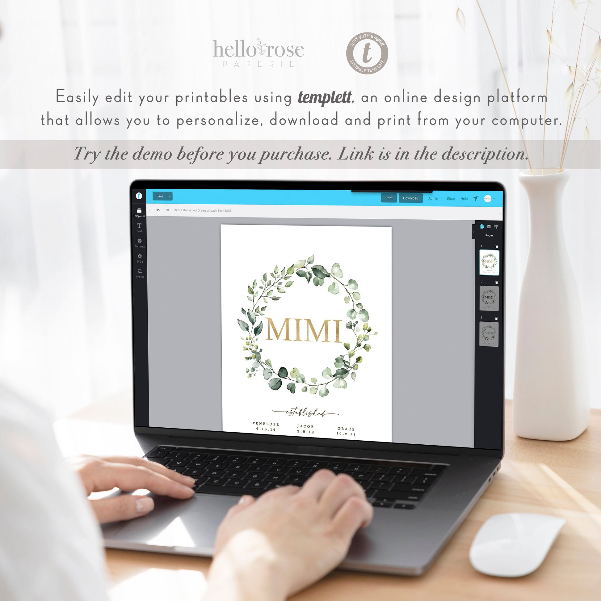 Mimi Established Printable Christmas Gift for Mimi Gigi Mom Mother Grandma Grandmother . Greenery . PRINTABLE Editable Template Templett