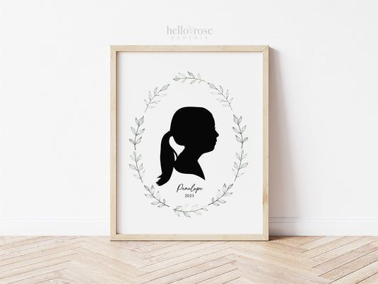 Silhouette Portrait Printable . Personalized with Child's Silhouette from a Photo . Greenery . Gift for Her Mom . Digital Download Printable