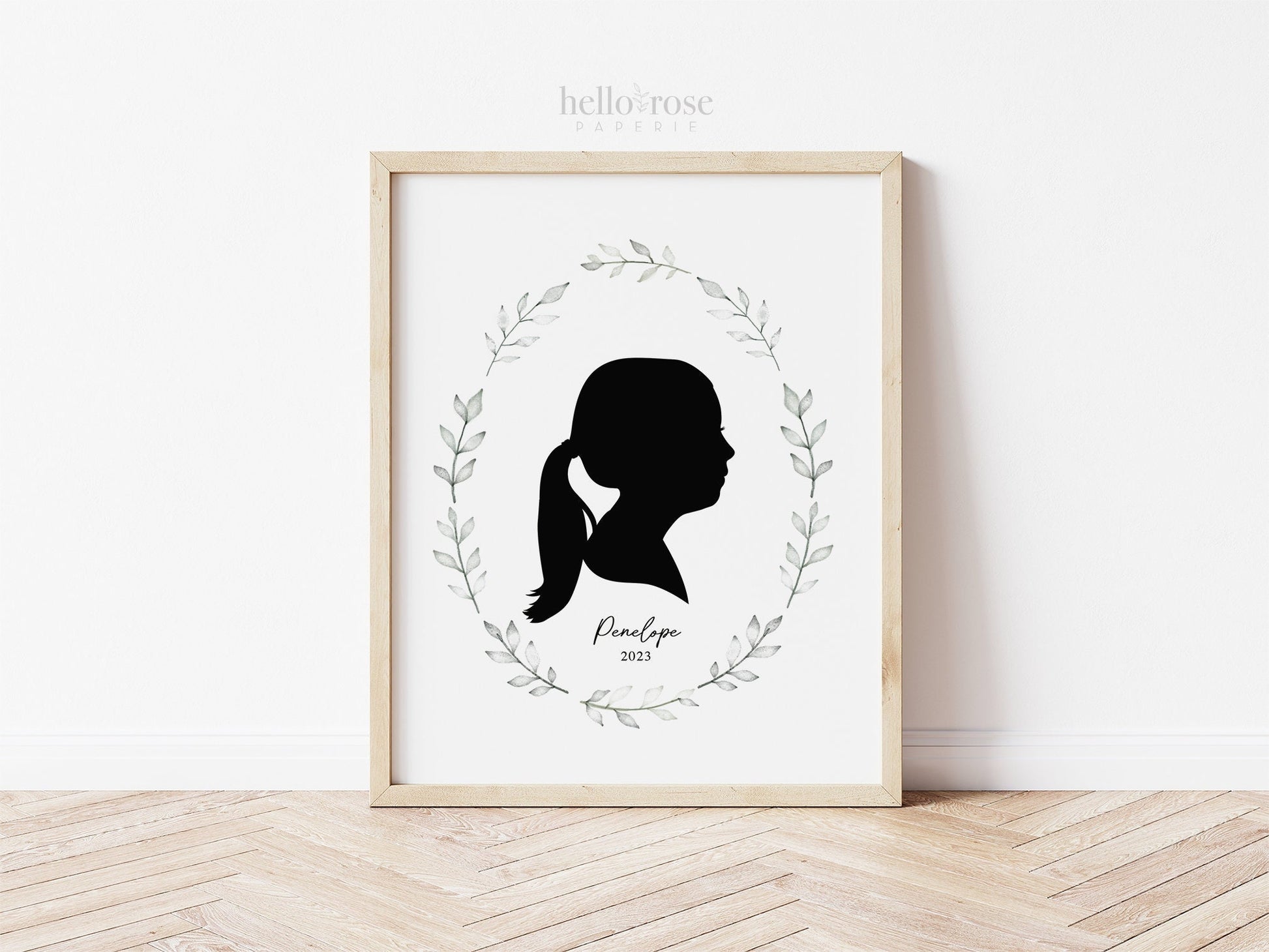 Silhouette Portrait Printable . Personalized with Child's Silhouette from a Photo . Greenery . Gift for Her Mom . Digital Download Printable