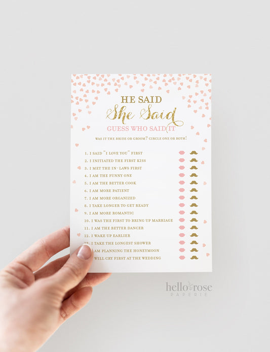 He Said She Said Bridal Shower Game . Pink and Gold Wedding Shower . Hens Party . Bachelorette Party Game . Printable Instant Download