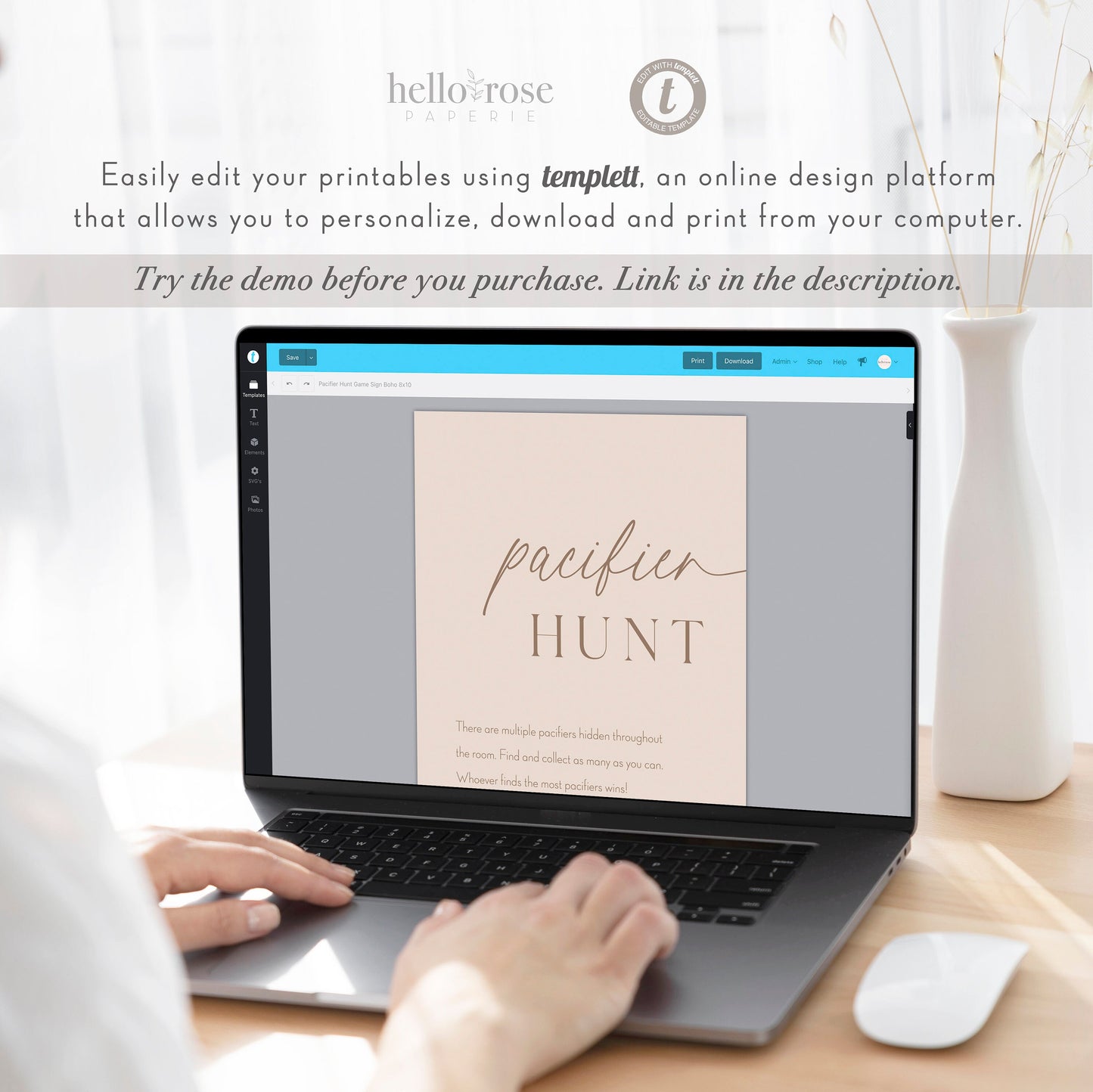 Pacifier Hunt Boho Baby Shower Games Printable Sign . Beige Cream Brown Boy Girl Minimalist . Editable Template . Instant Download Templett