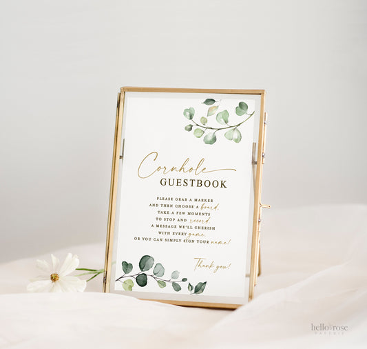 Wedding Cornhole Board Guestbook Sign PRINTABLE . Greenery & Gold . Wedding Guest Book Alternative . Instant Download G2