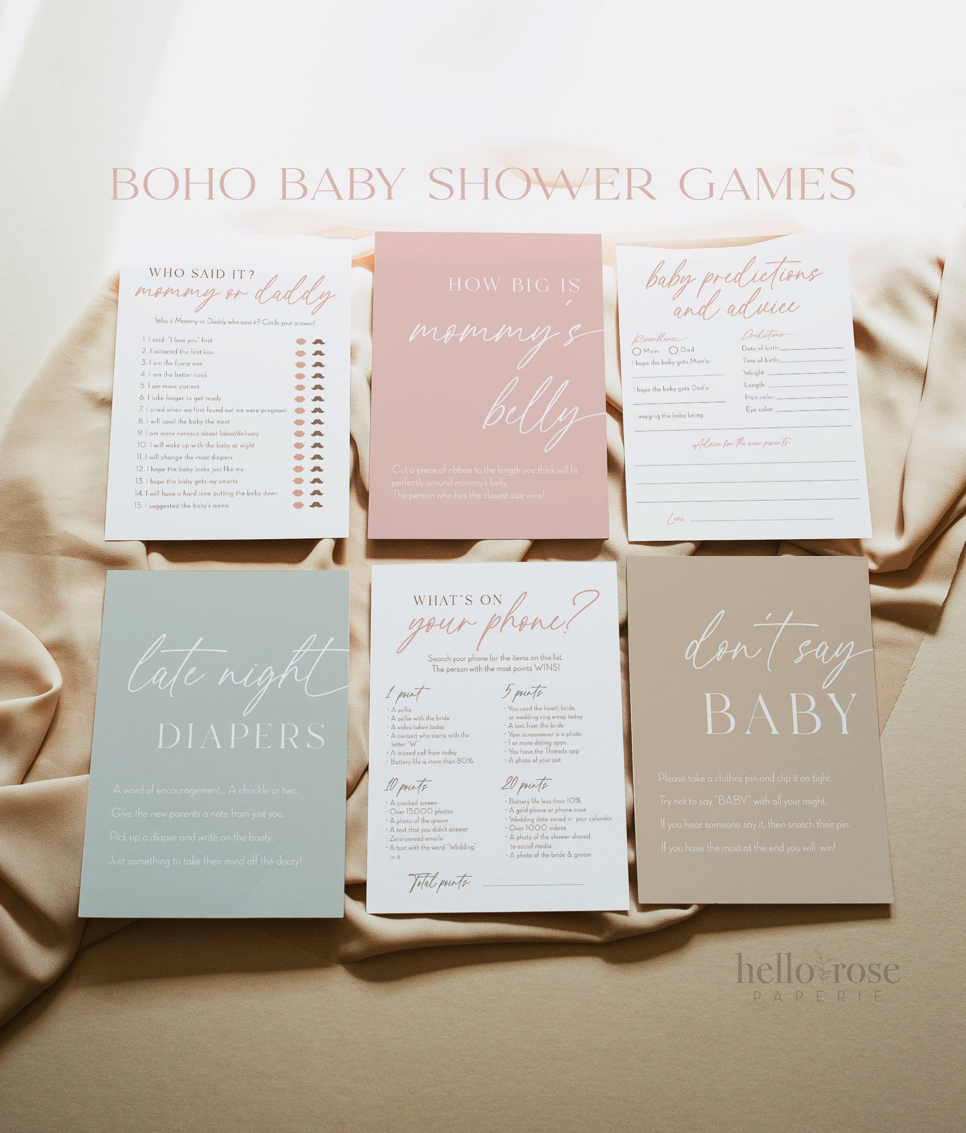 Gender Reveal Games + Signs Bundle, Printable Blush Pink Girl Minimalist Baby Shower, Editable Template, Instant Download Templett