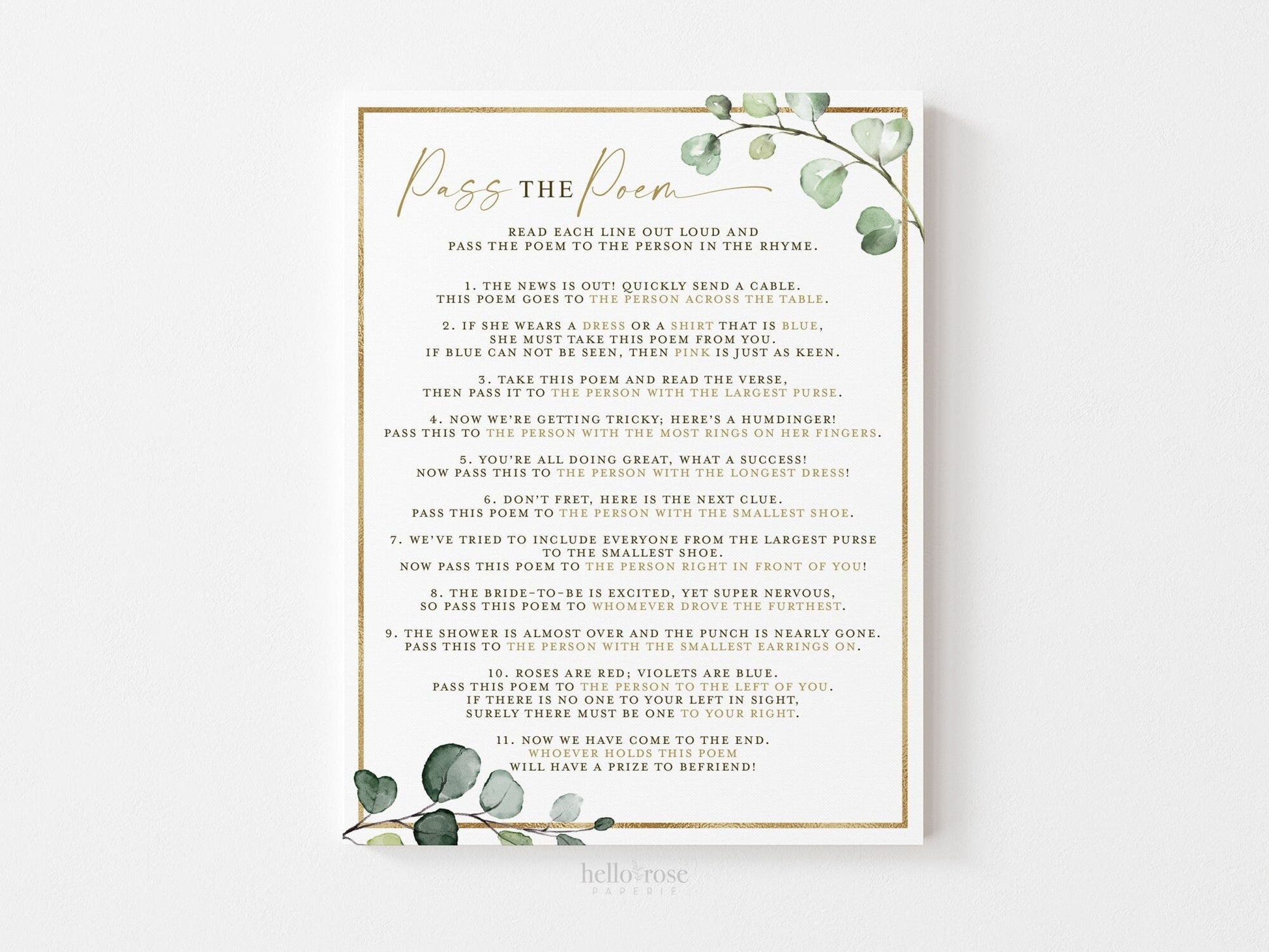 Pass the Poem Bridal Shower Printable Game . Greenery and Gold . Gift Passing Poem . Printable 8.5x11 . Instant Digital Download . G2