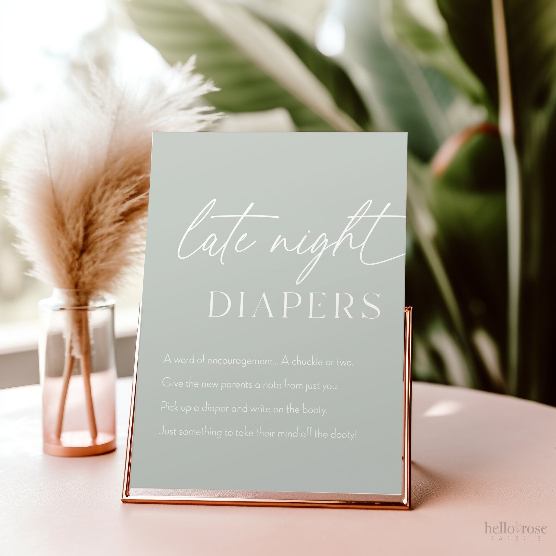 Late Night Diapers Boho Baby Shower Games Printable Sign . Sage Green Boy Girl Minimalist . Editable Template . Instant Download Templett