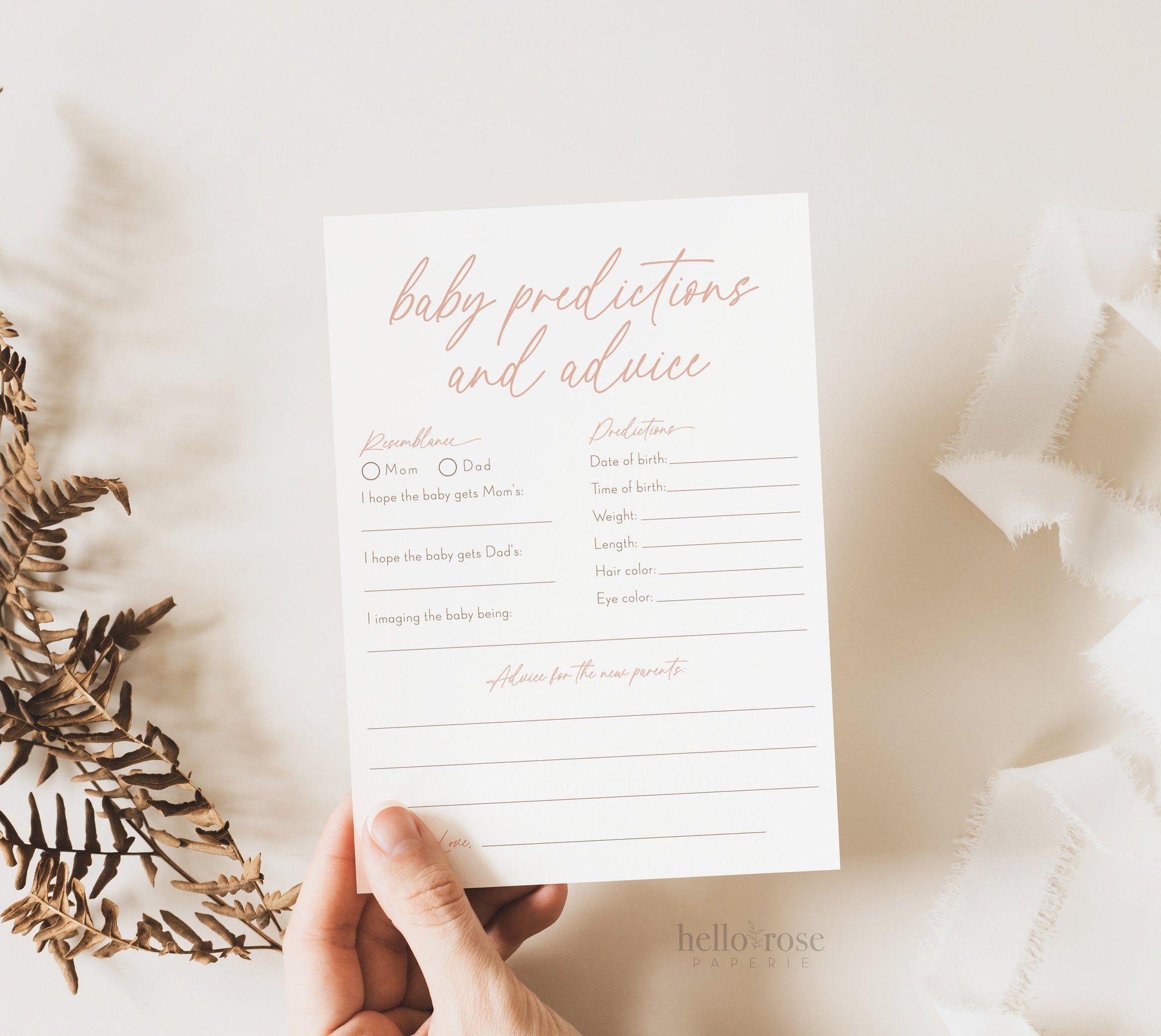Baby Predictions and Advice Boho Baby Shower Printable Game . Blush Pink Girl Minimalist . Editable Template . Instant Download Templett