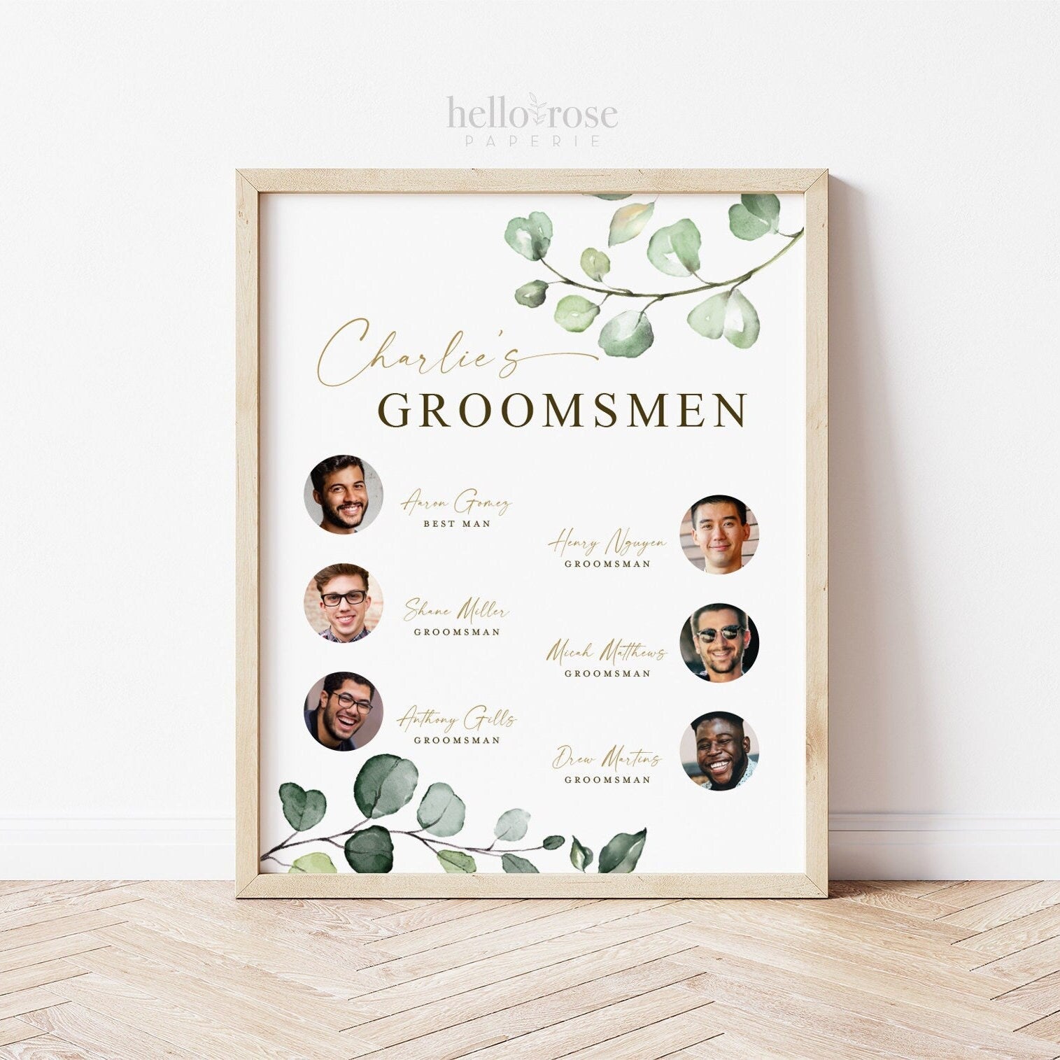 Meet the Groomsmen Printable Sign . Meet the Men Wedding Party Poster . Greenery and Gold . Wedding Reception Decor . Digital Download